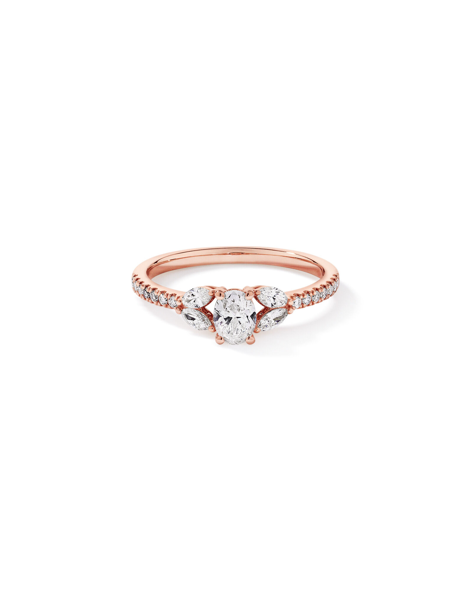 0.59 Carat TW Oval, Round Brilliant and Marquise Diamond Side Accent Ring in 14kt Rose Gold