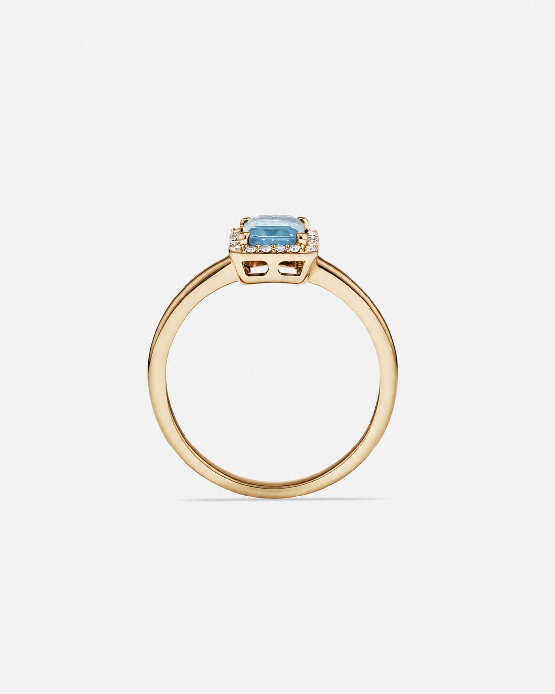 Bague halo Topaze bleue taille &eacute;meraude avec diamants en or jaune 10 ct