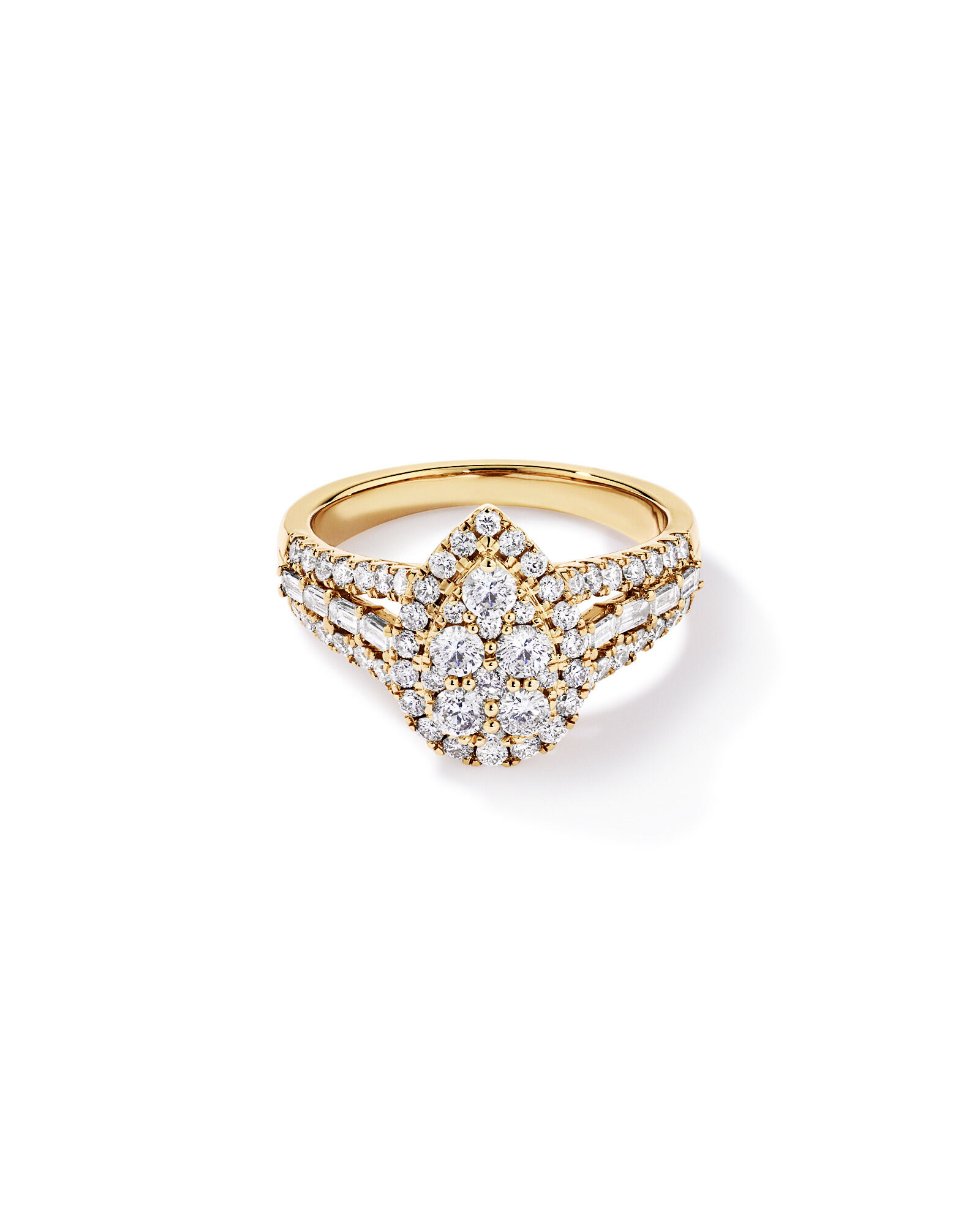 1.25 Carat TW Round Brilliant and Baguette Cluster Diamond Ring in 14kt Yellow Gold