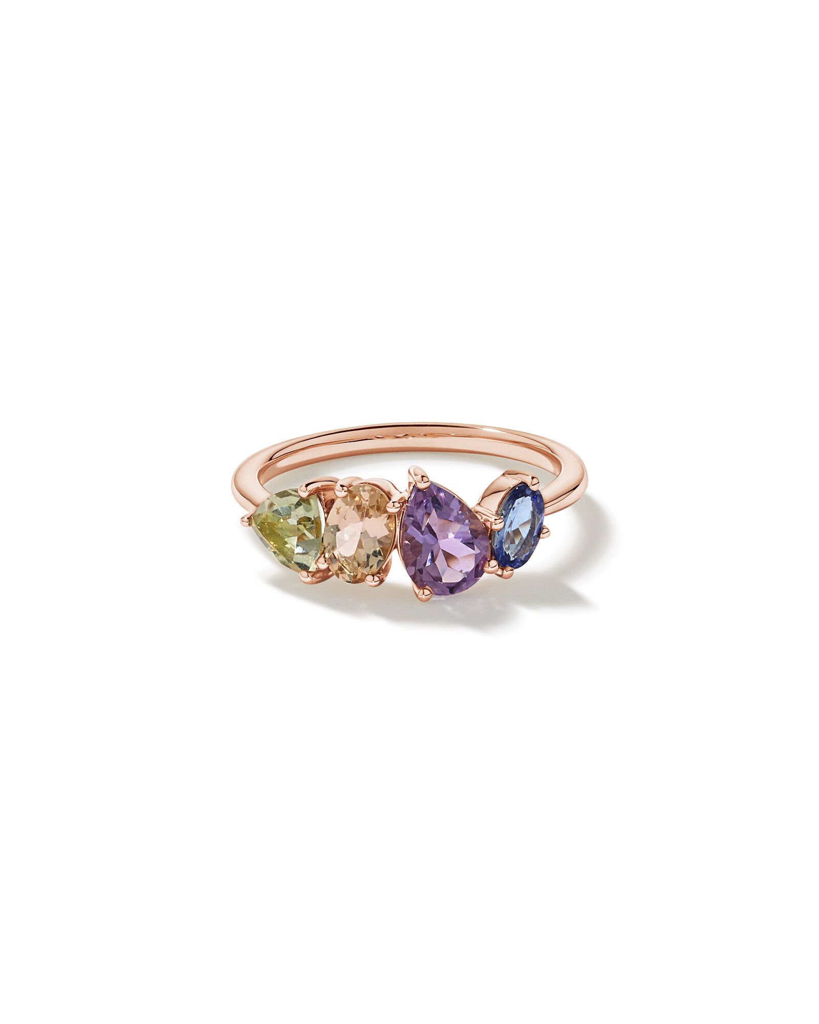 Bague multi-gemmes en am&eacute;thyste verte, morganite, am&eacute;thyste rose et tanzanite en or rose 10 carats