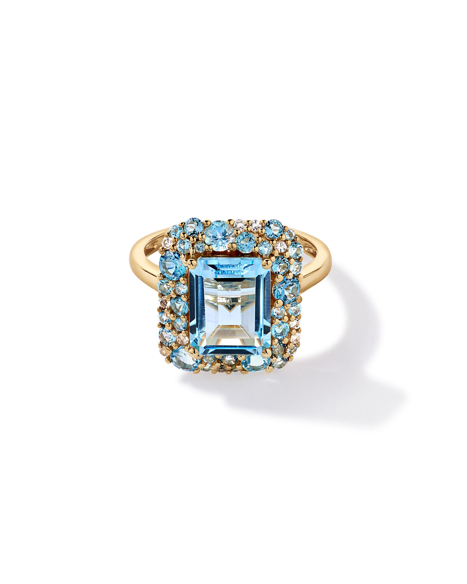 Anneau de topaze Halo bleu ciel, bleu de Londres, bleu suisse et blanc en or jaune 10 kt