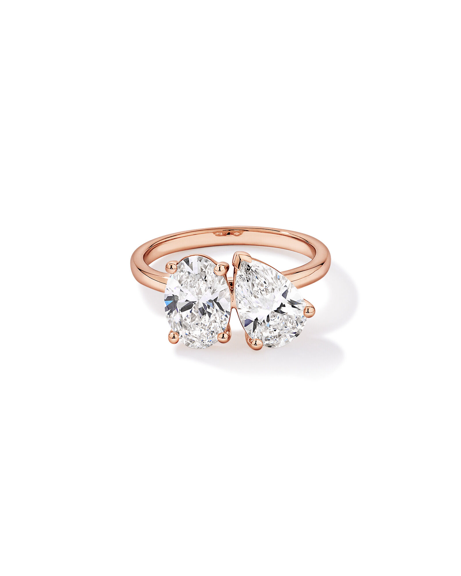 Bague de fian&ccedil;ailles &agrave; deux pierres en or rose 14 carats, avec diamants de laboratoire taille poire et ovale (poids total de 3,00 carats)