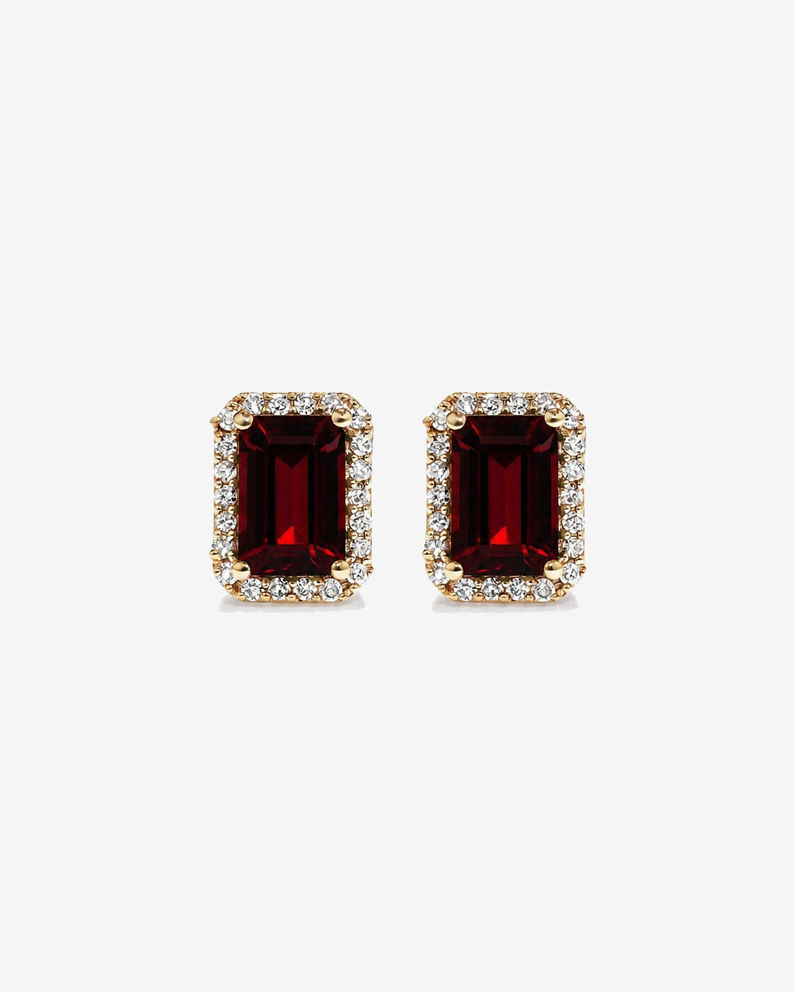 Boucles d'oreilles halo Grenat taille &eacute;meraude avec diamants en or jaune 10 ct