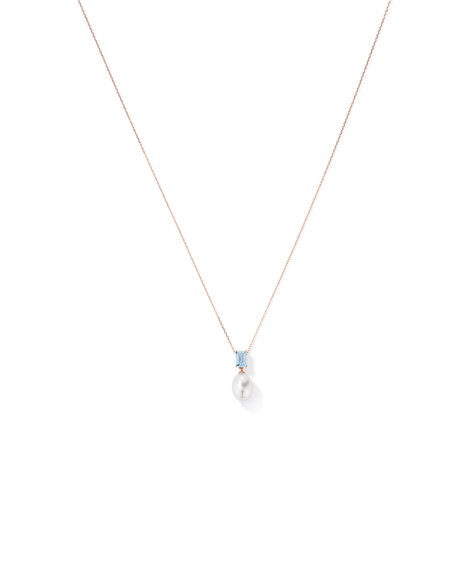 Aquamarine and Cultured Freshwater Pearl Drop Necklace in 10kt Rose Gold