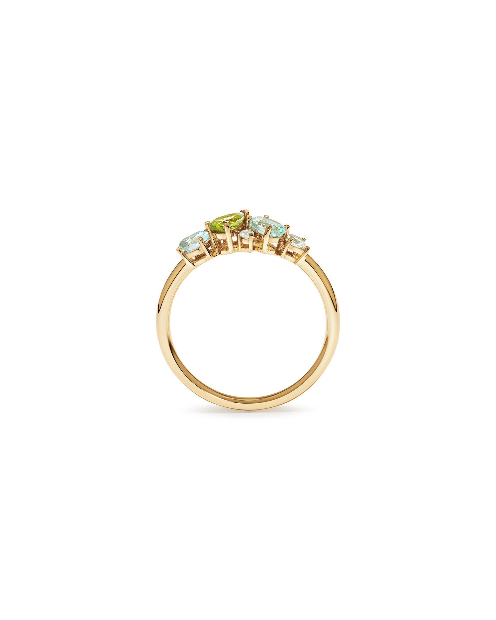 P&eacute;ridot, topaze bleu ciel, am&eacute;thyste verte et topaze blanche anneau multigemstone en or jaune 10 carats
