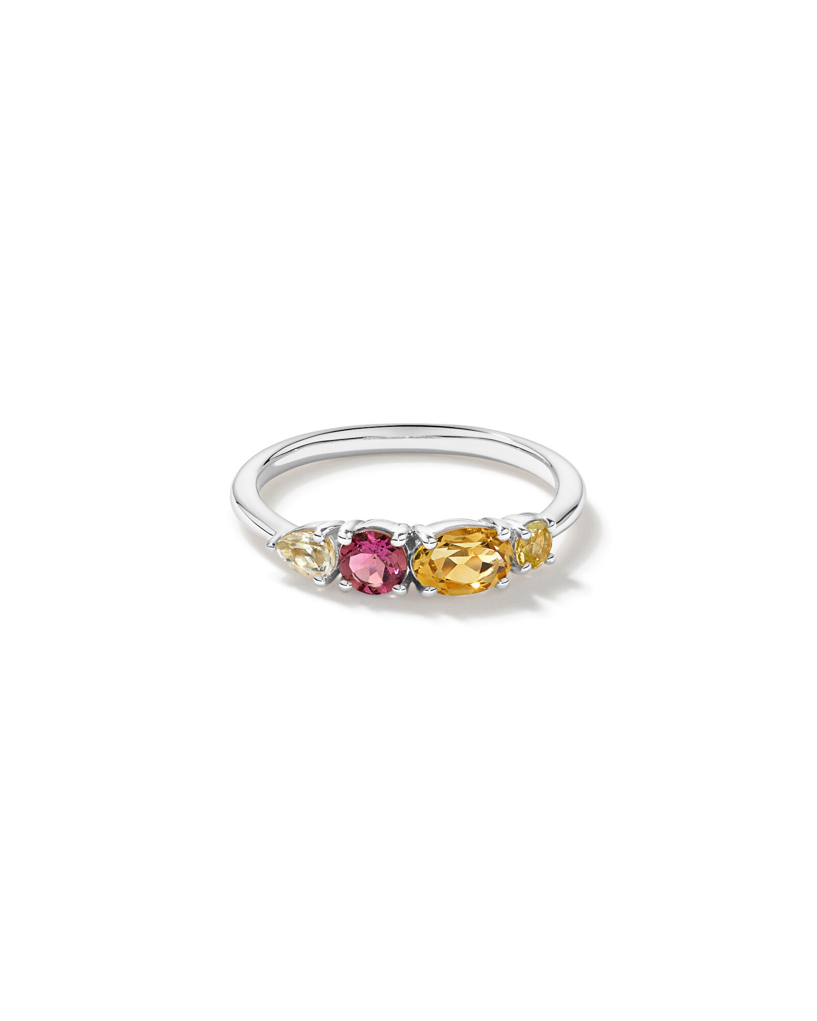 Anneau multi-gemmes en am&eacute;thyste vert, tourmaline rose, citrine orange et quartz citronn&eacute; en or blanc 10 carats