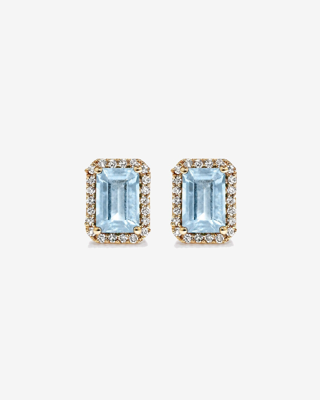 Boucles d'oreilles halo Aigue-marine taille &eacute;meraude avec diamants en or jaune 10 ct