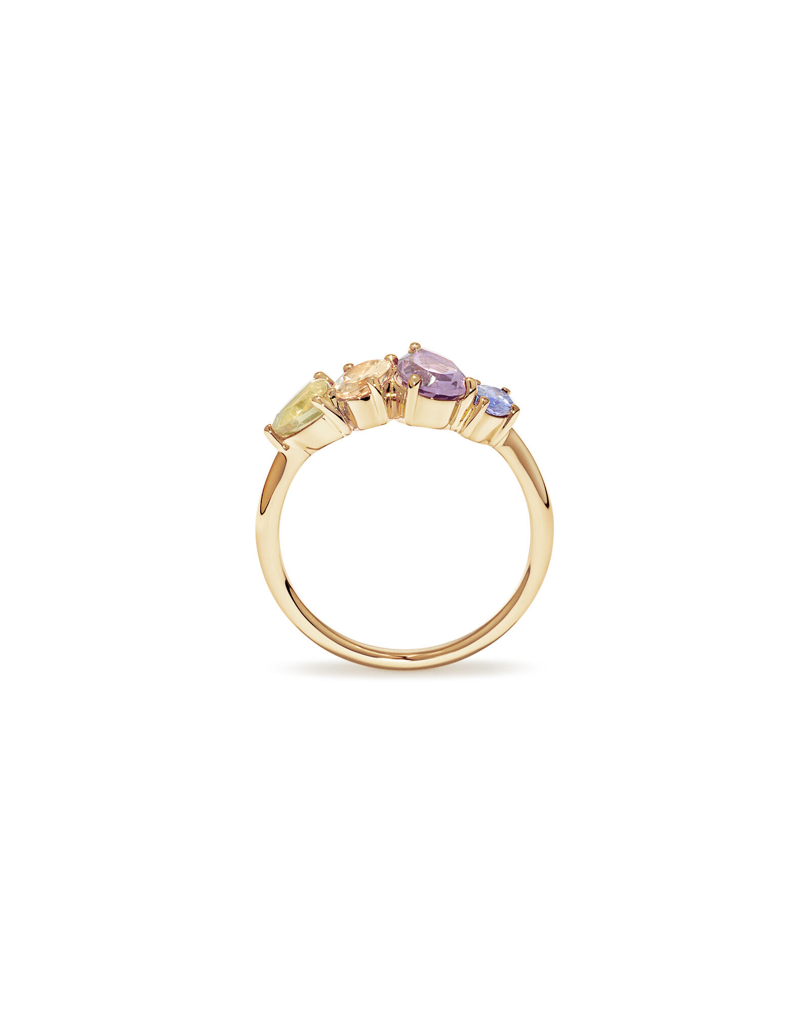 Bague multi-gemmes en am&eacute;thyste verte, morganite, am&eacute;thyste rose et tanzanite en or jaune 10 carats