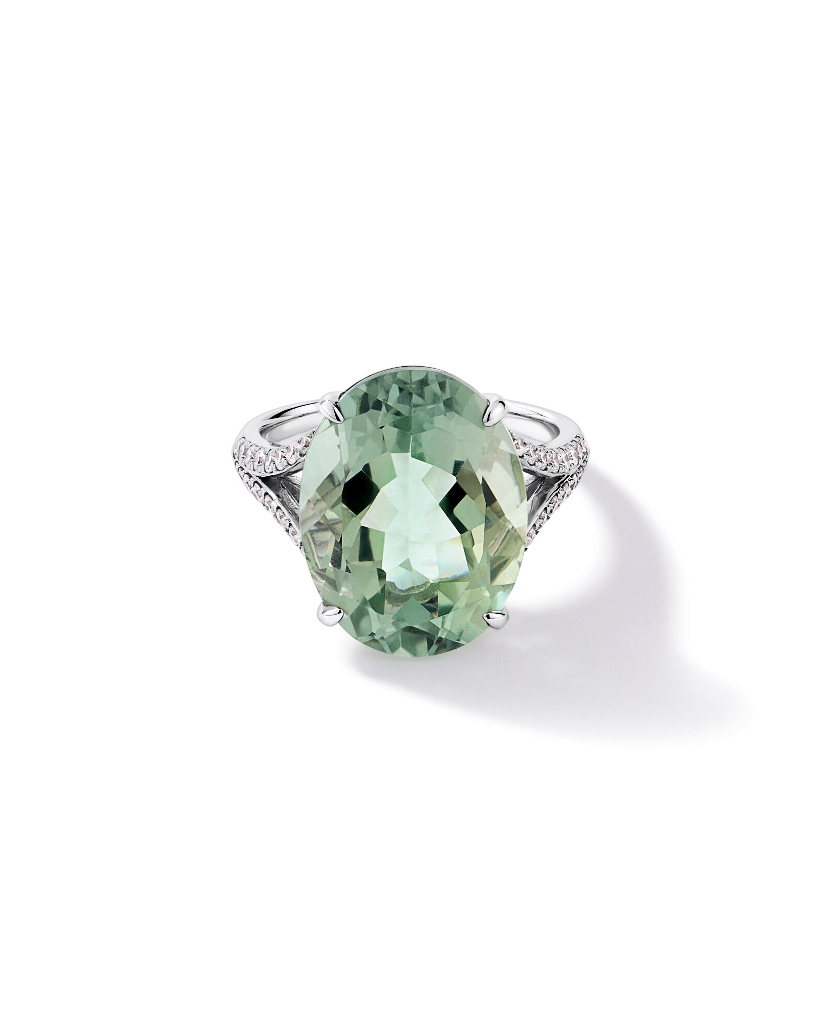 Bague ovale en am&eacute;thyste vert & diamant TW &agrave; tige fendue 0,33 carat en or blanc 10 carats