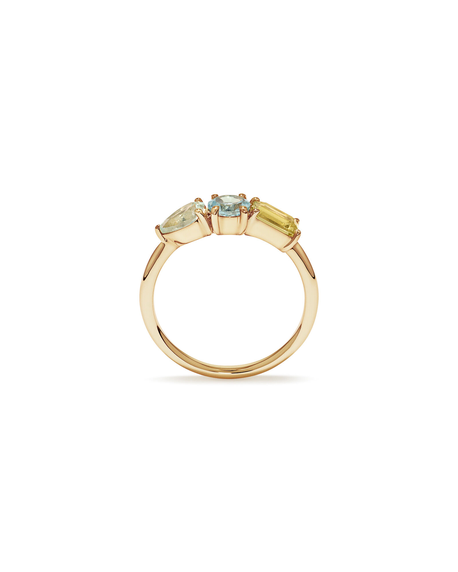 Anneau multi-gemmes en am&eacute;thyste vert, topaze bleu ciel et quartz citron en or jaune 10 carats