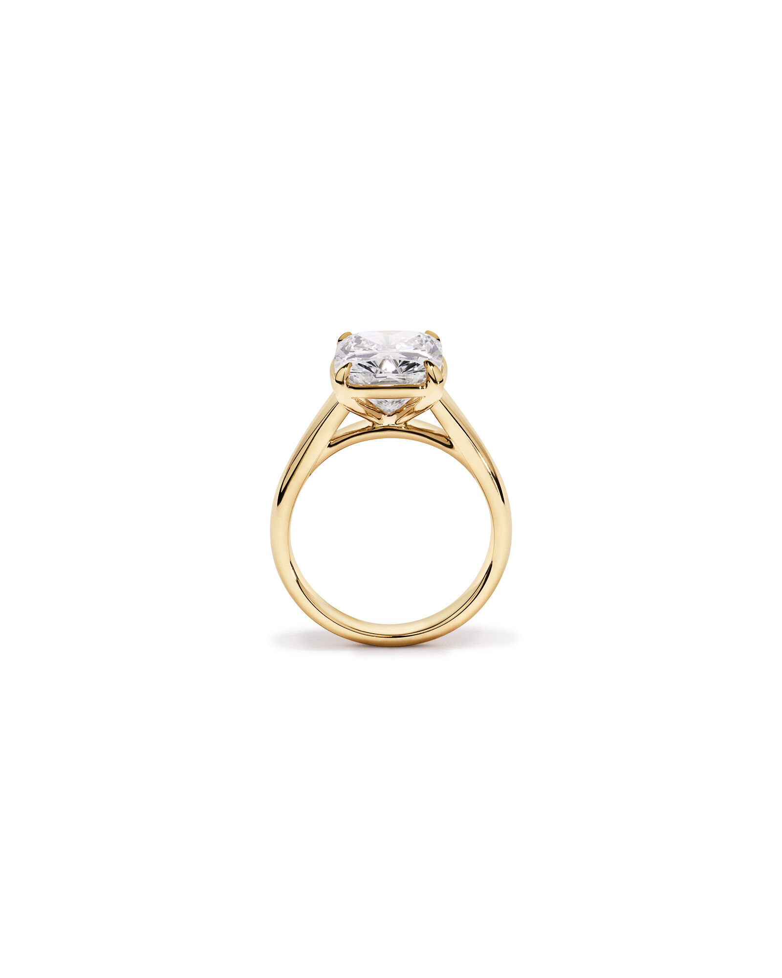 5.00 Carat Laboratory-Grown Elongated Cushion Diamond Solitaire Four Claw with Low Set Bezel Engagement Ring in 14kt Yellow Gold