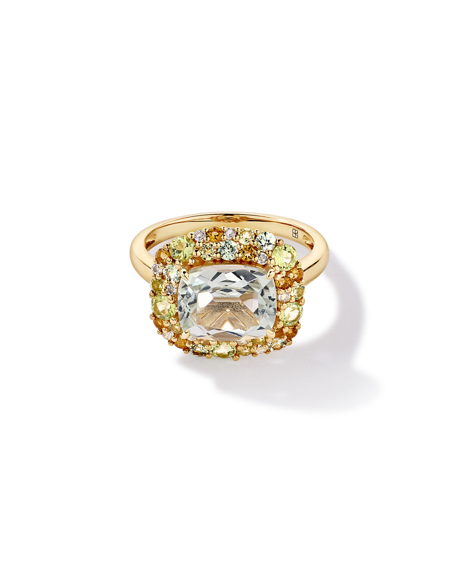 Anneau halo vert am&eacute;thyste, p&eacute;ridot, citrine et topaze blanche en or jaune 10 carats