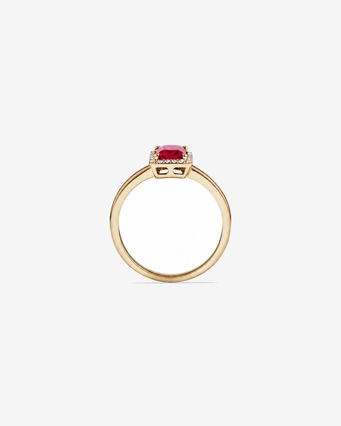 Bague halo Rubis cr&eacute;&eacute; taille &eacute;meraude avec diamants en or jaune 10 ct
