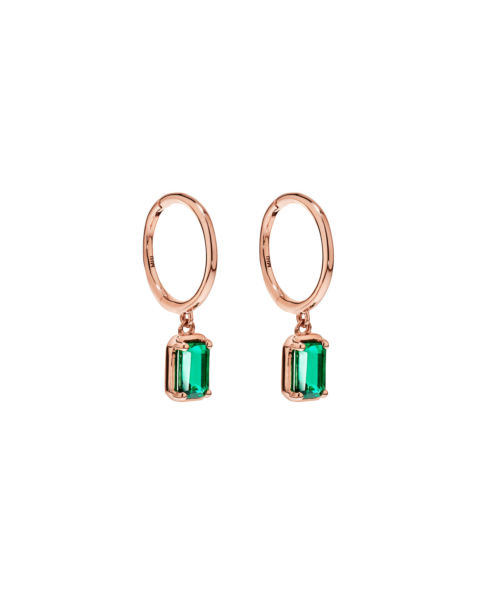 Created Emerald Gemstone Drop Hoop Earrings in 10kt Rose Gold
