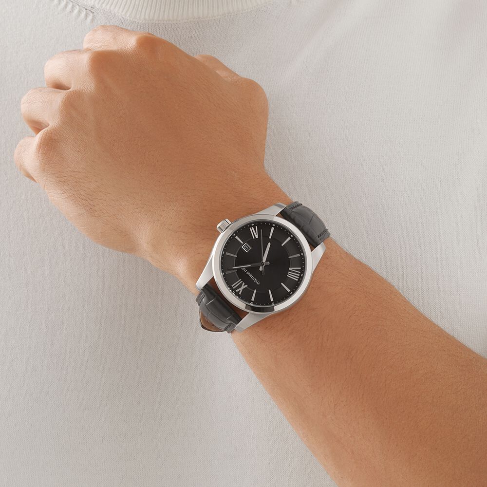 Men's Watch in Stainless Steel & Black Leather