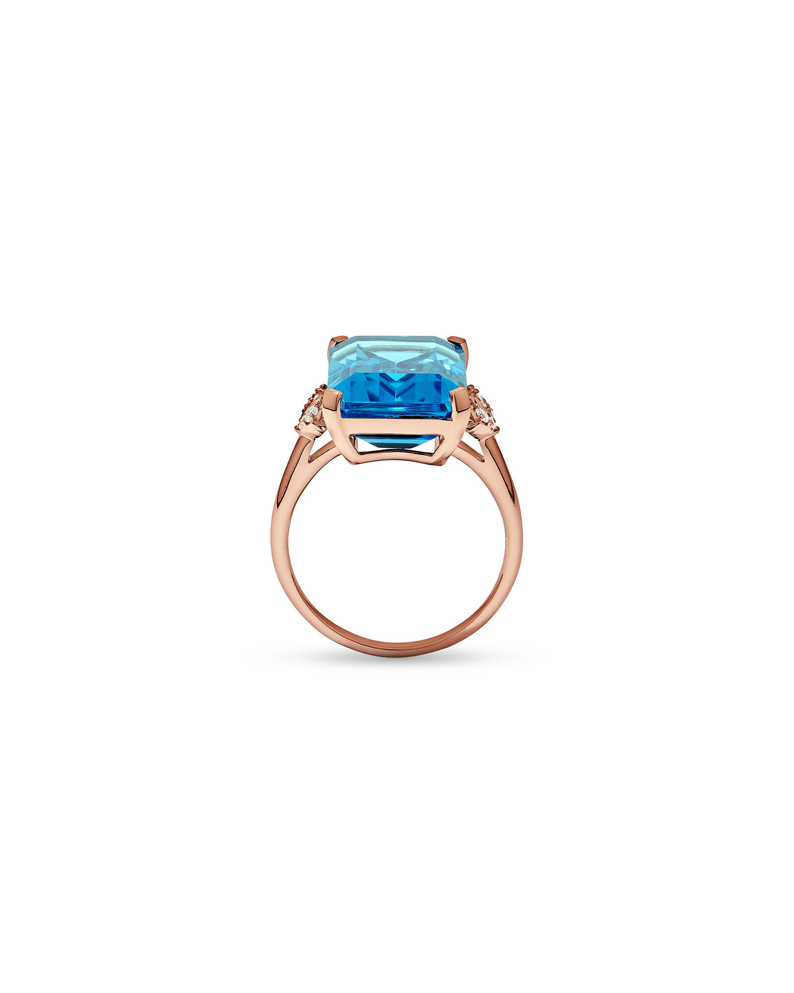 Bague en topaze bleue suisse taill&eacute;e &eacute;meraude et diamant TW 0,08 carat en or rose 10 carats