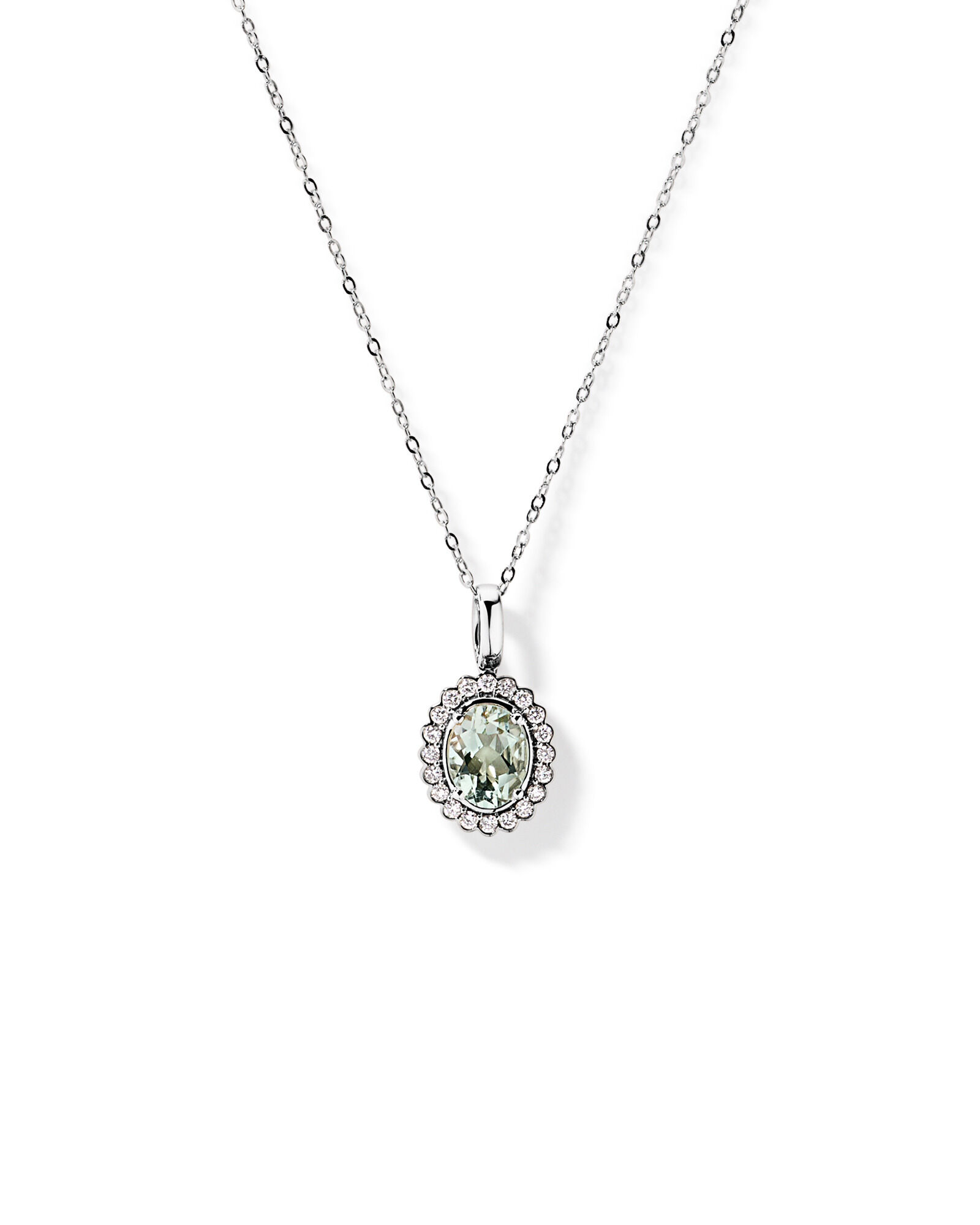 Pendentif Halo en Am&eacute;thyste Vert & 0,20TW de diamant avec cha&icirc;ne en or blanc 10kt