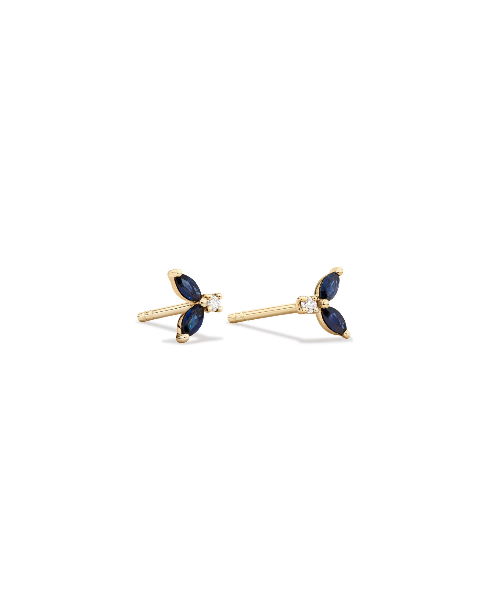 Round Diamond and Marquise Blue Sapphire Gemstone Stud Earrings in 10kt Yellow Gold