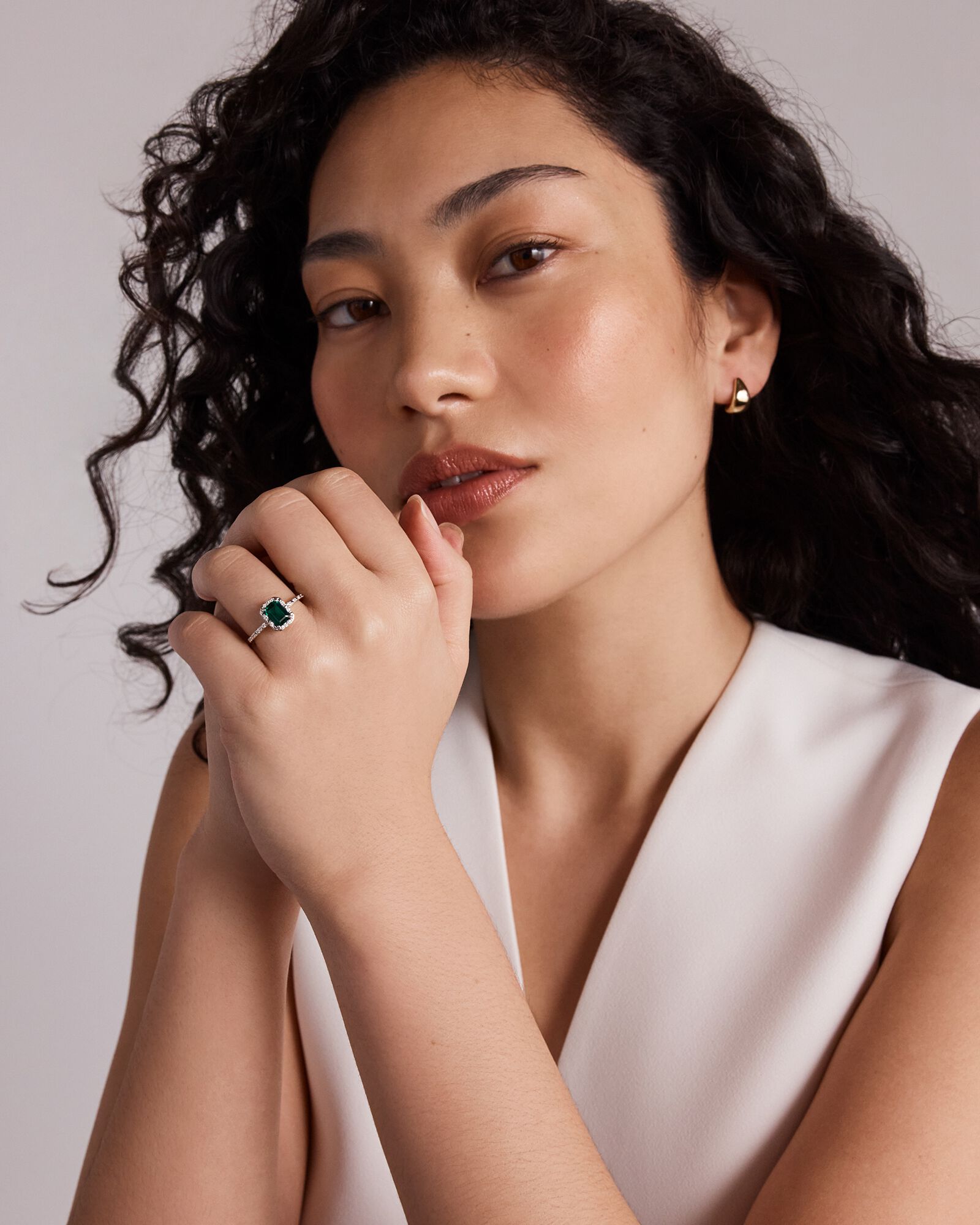 Emerald Cut Green Created Emerald and Lab-Grown Diamond Halo Ring in 10kt Yellow Gold and Rhodium