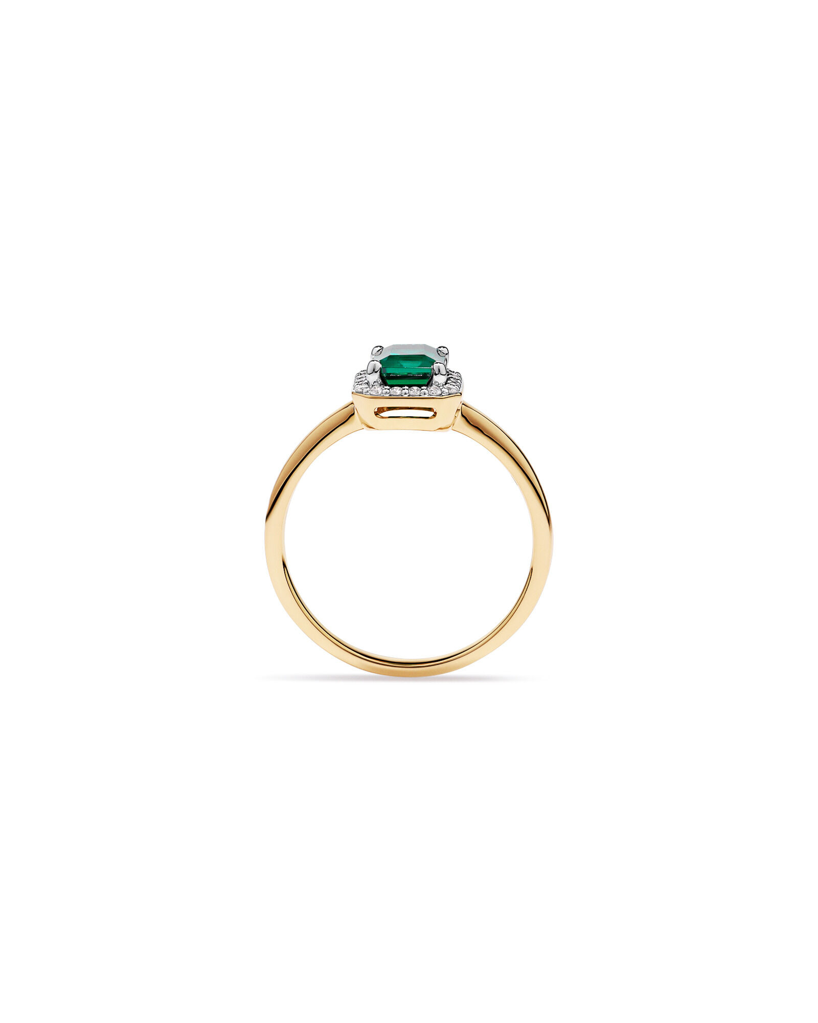 Cr&eacute;ation de la bague halo en diamant &eacute;meraude et 0,10 carat TW cultiv&eacute;e en laboratoire en or jaune 10 carats et Rhodium