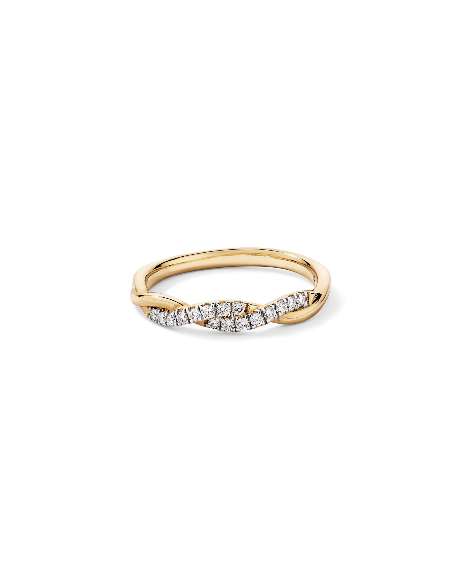 Alliance torsad&eacute;e en or jaune 14 carats rhodi&eacute;, sertie d'un diamant rond brillant de synth&egrave;se de 0,16 carat