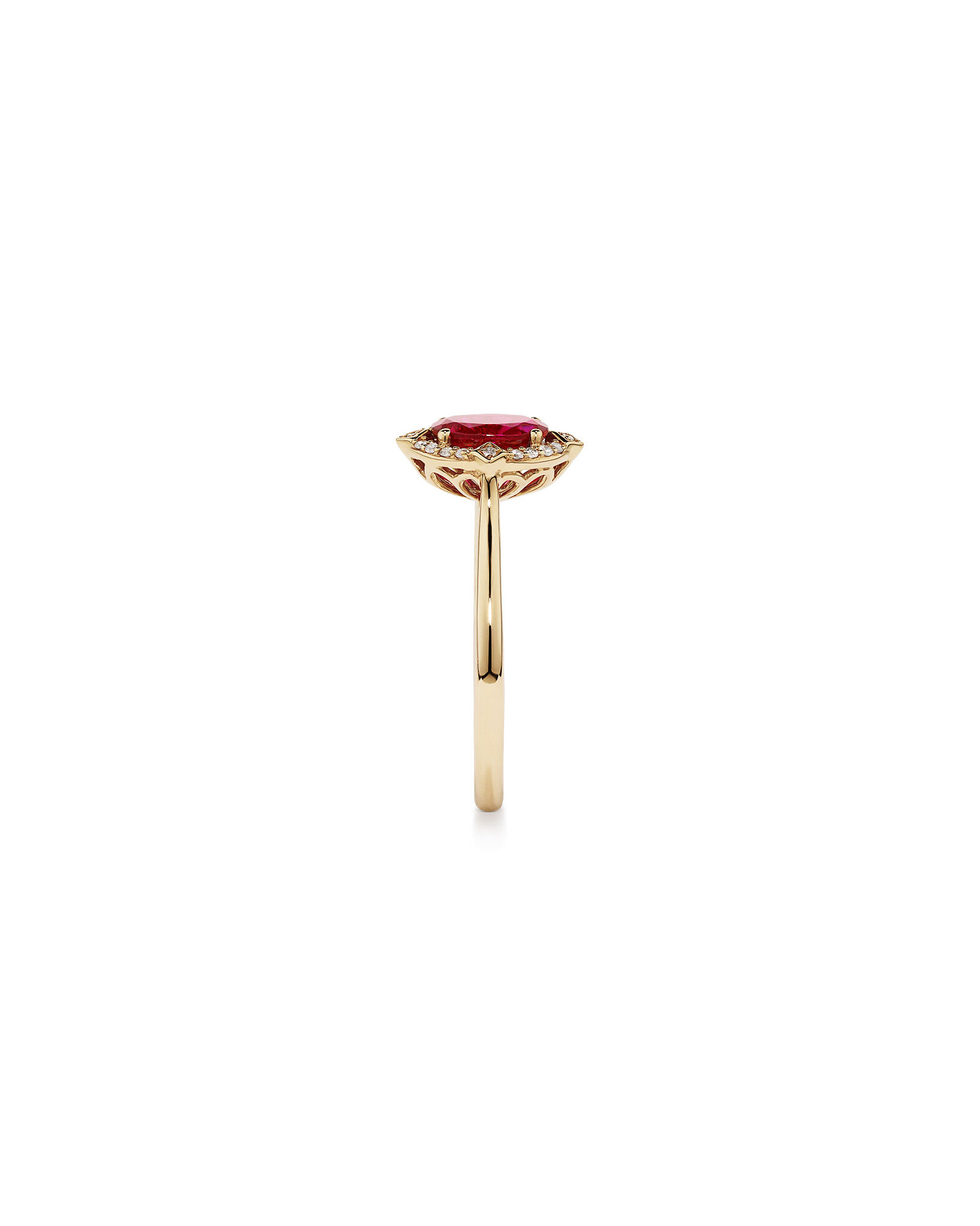 Oval Cut Created Ruby and Diamond Halo Ring in 10kt Yellow Gold