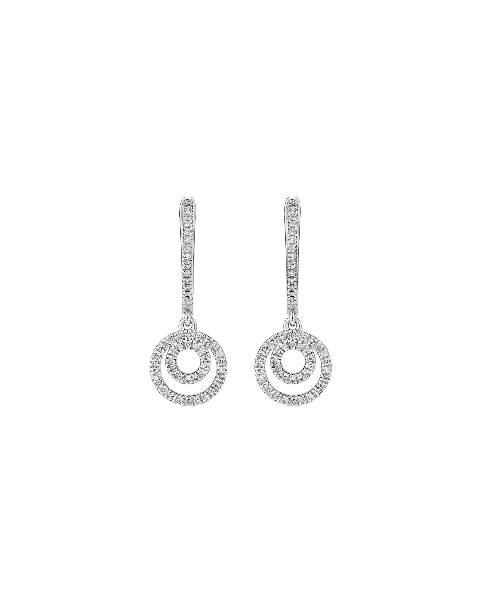 Fine Double Circle Diamond Drop Huggie Earrings in Sterling Silver