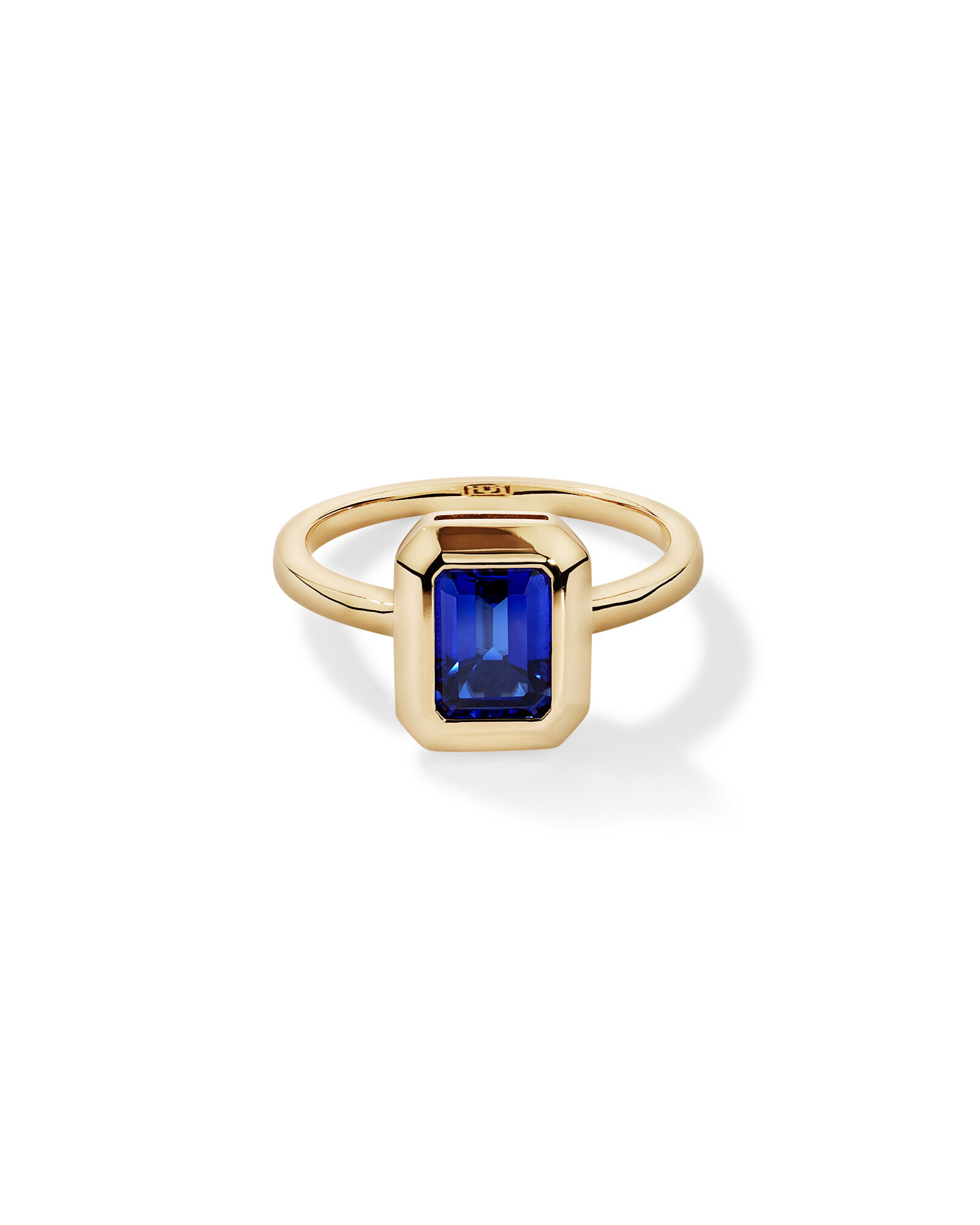 Emerald Cut Created Sapphire Bezel Ring in 10kt Yellow Gold