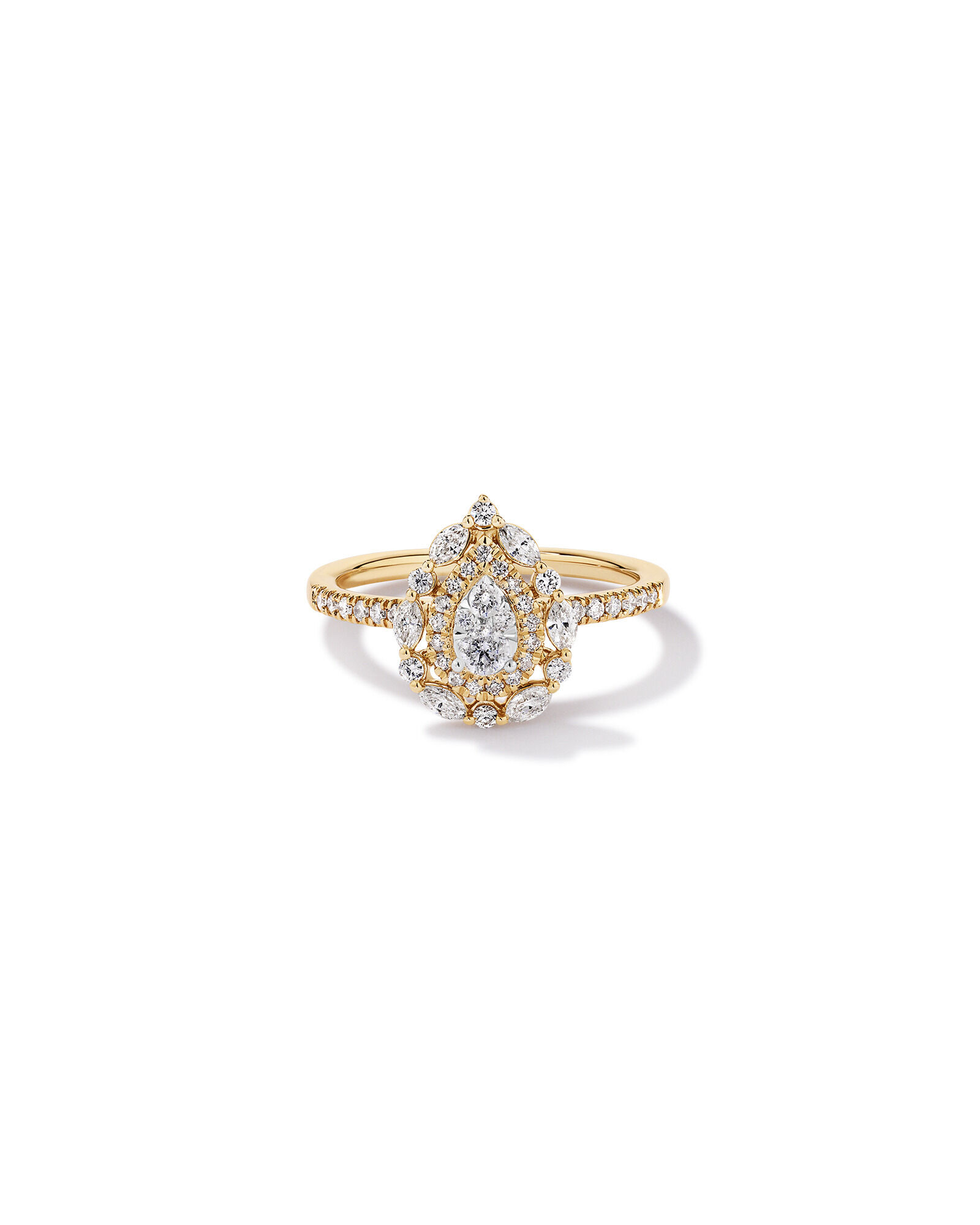 0.62 Carat TW Round Brilliant and Marquise Double Halo Cluster Diamond Ring in 14kt Yellow Gold with Rhodium
