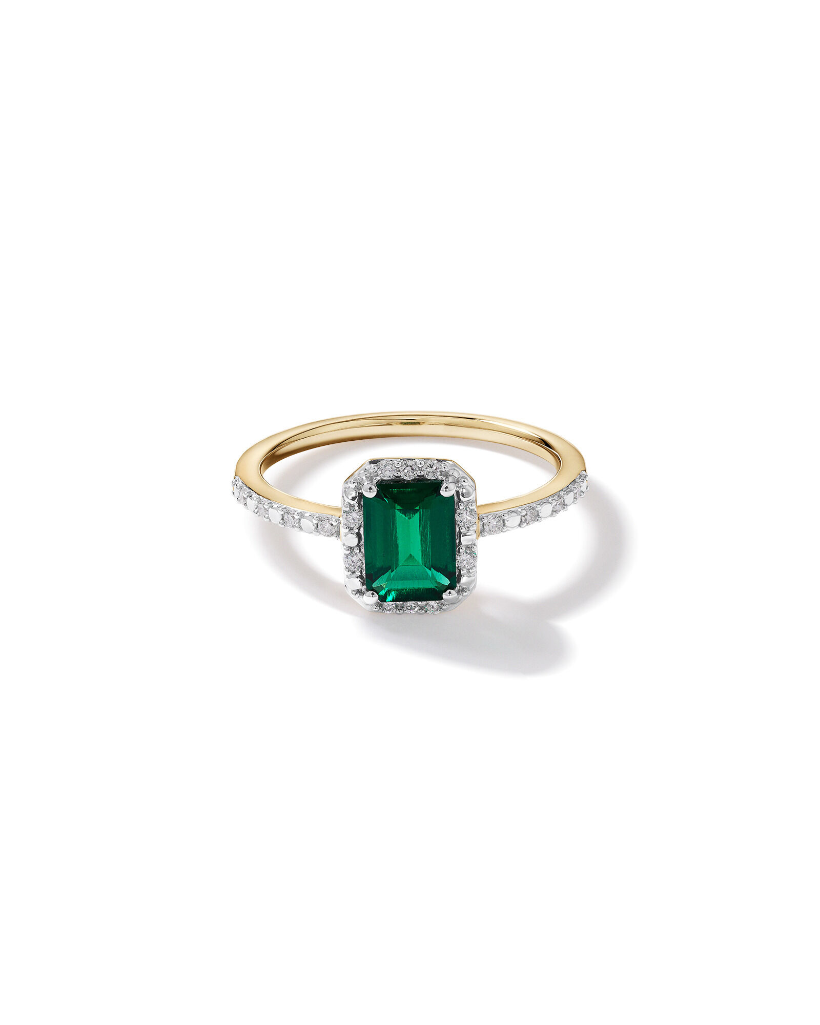 Emerald Cut Green Created Emerald and Lab-Grown Diamond Halo Ring in 10kt Yellow Gold and Rhodium