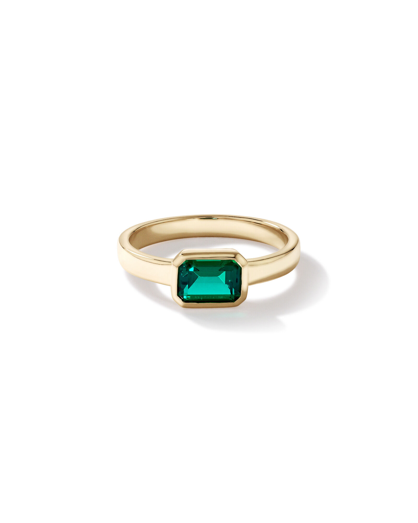 East-West Set Created Emerald Bezel Ring in 10kt Yellow Gold