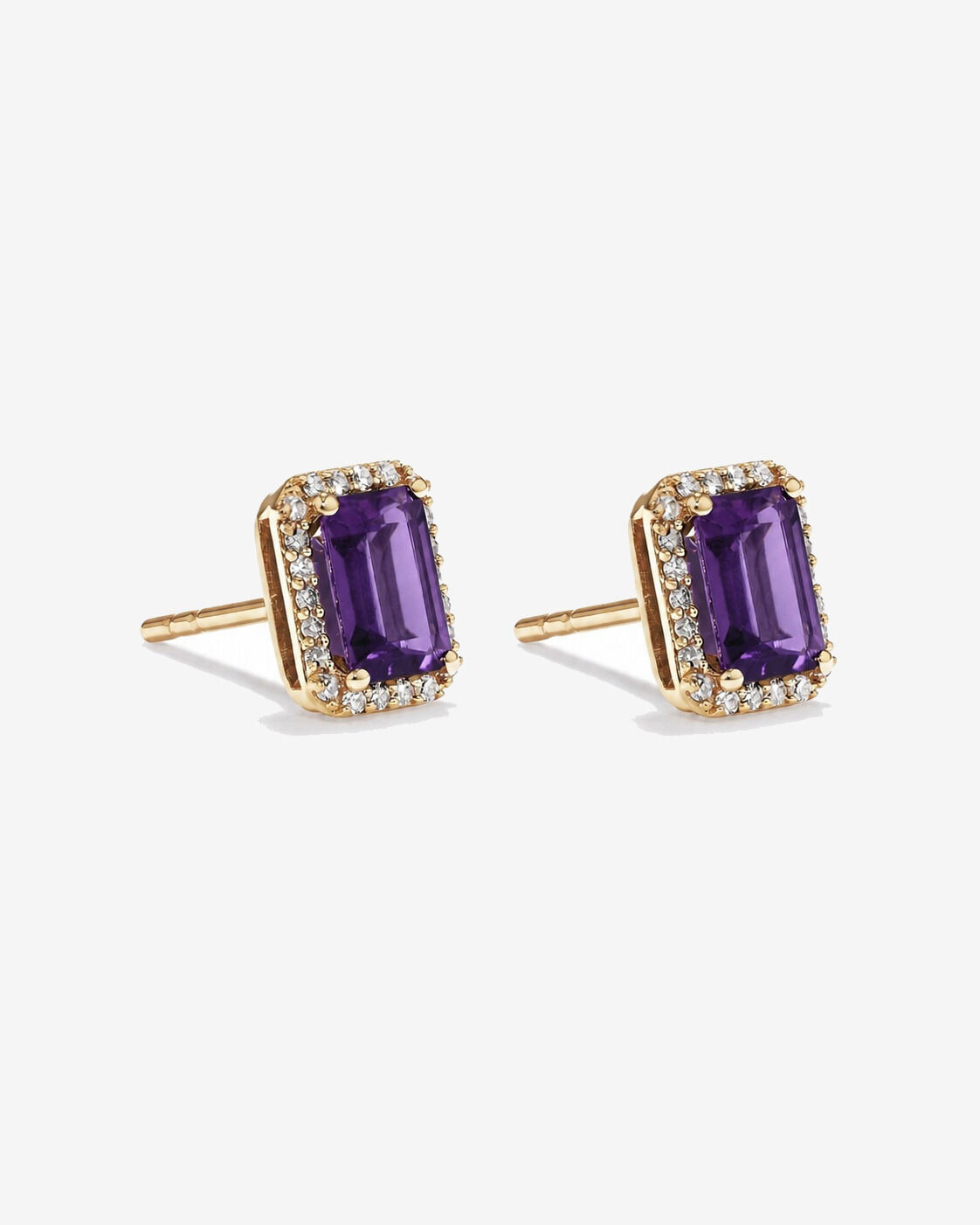 Boucles d'oreilles halo Am&eacute;thyste taille &eacute;meraude avec diamants en or jaune 10 ct