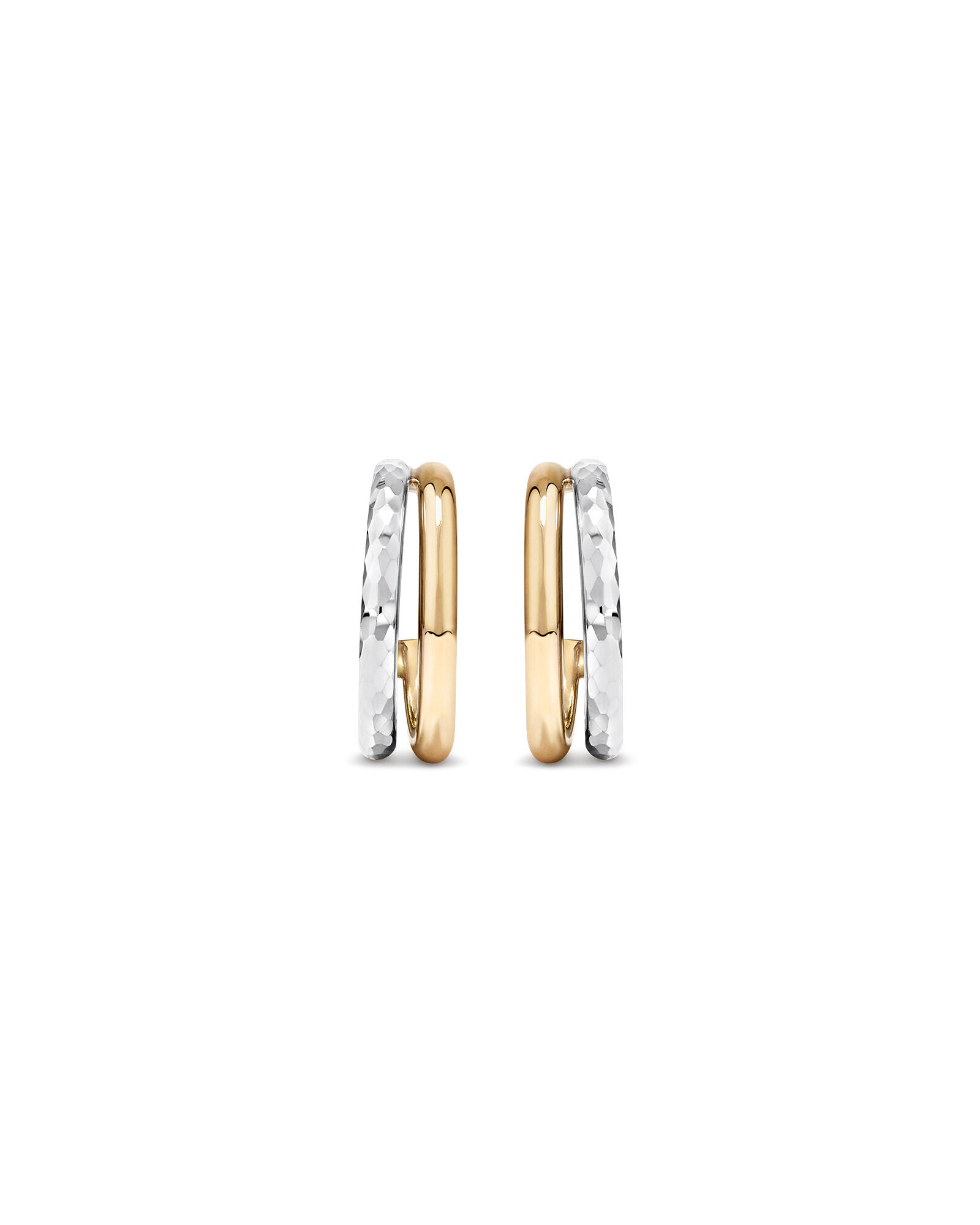 Two-Tone Double Half Hoop Hammered Finish Stud Earrings in 10kt White and Yellow Gold