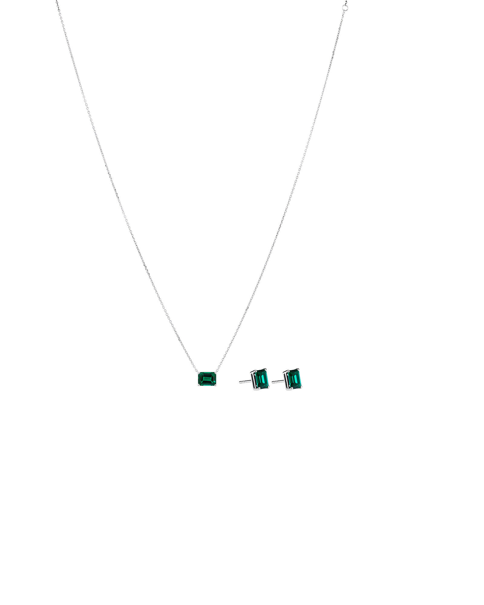 Emerald Cut Green Created Emerald Gemstone Stud Earrings and Pendant Necklace Set in Sterling Silver