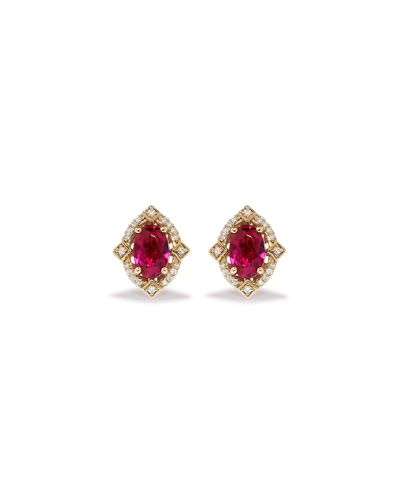 Oval Cut Created Ruby and Diamond Halo Stud Earrings in 10kt Yellow Gold