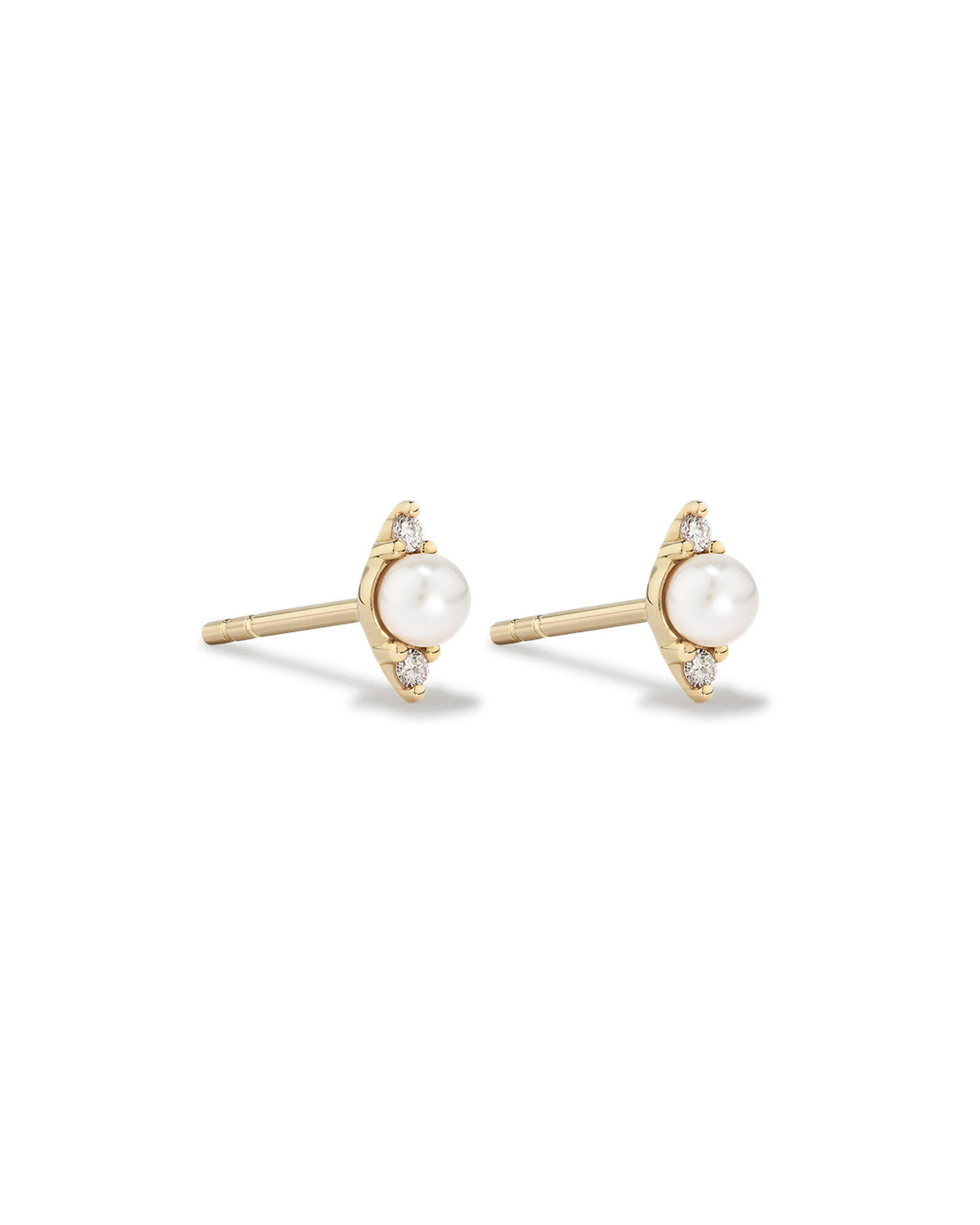 Three Stone Cultured Freshwater Pearl and Diamond Stud Earrings in 10kt Yellow Gold
