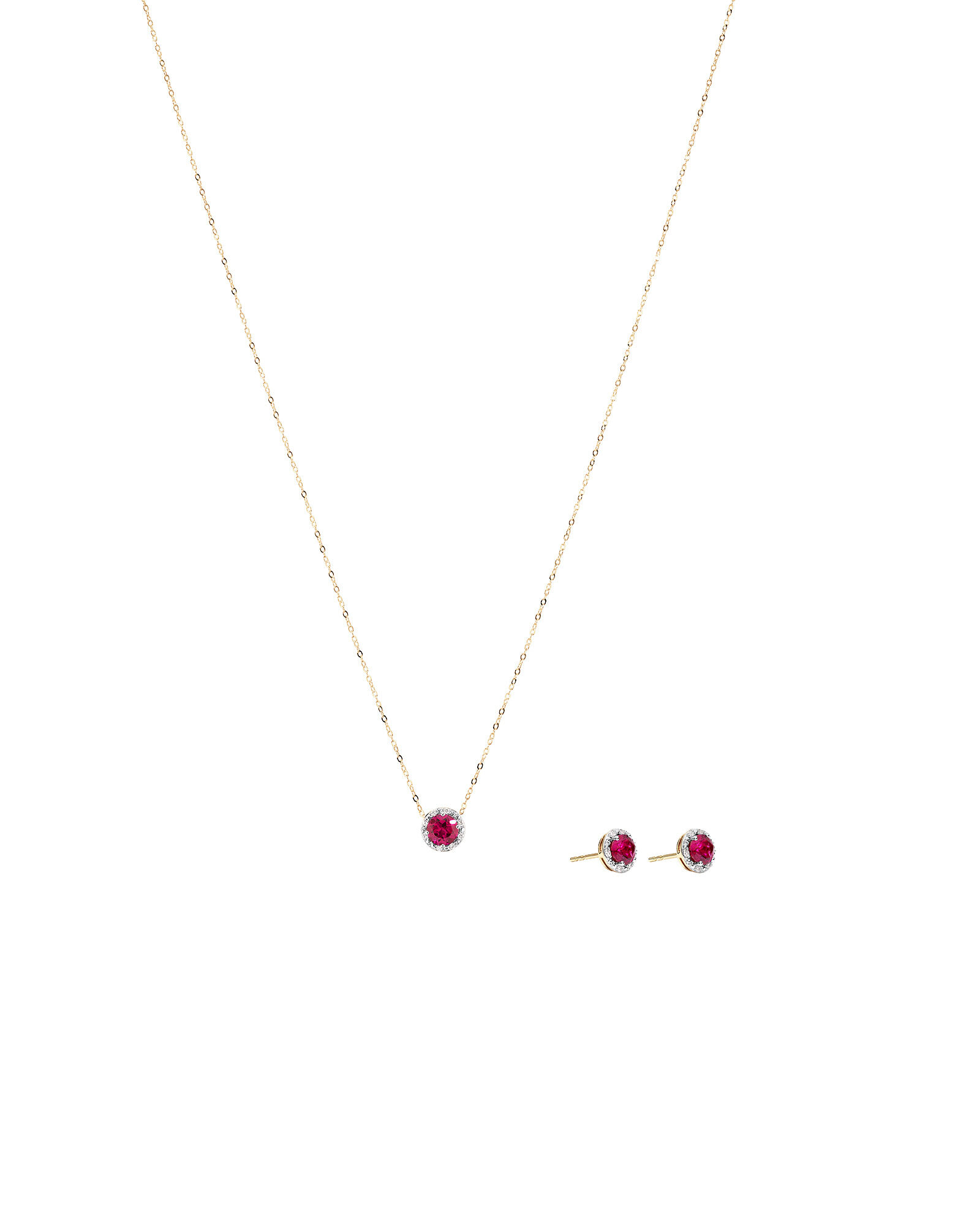 Round Cut Red Created Ruby and Lab-Grown Diamond Halo Stud Earrings and Pendant Necklace Set in 10kt Yellow & Rhodium