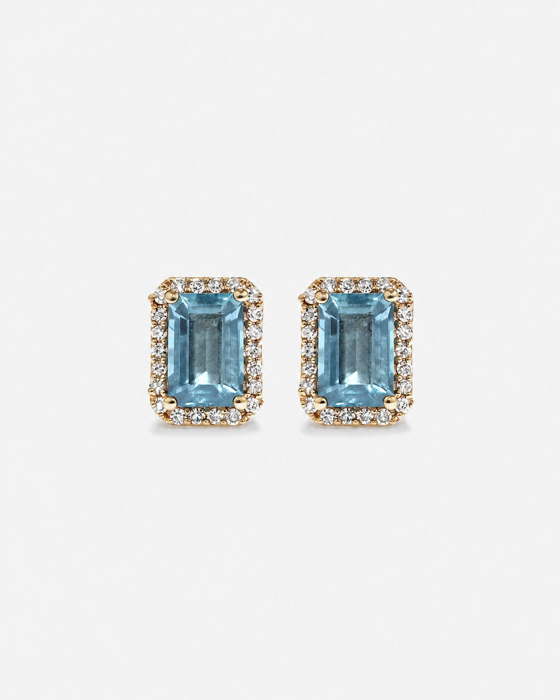 Boucles d'oreilles halo Topaze bleue taille &eacute;meraude avec diamants en or jaune 10 ct