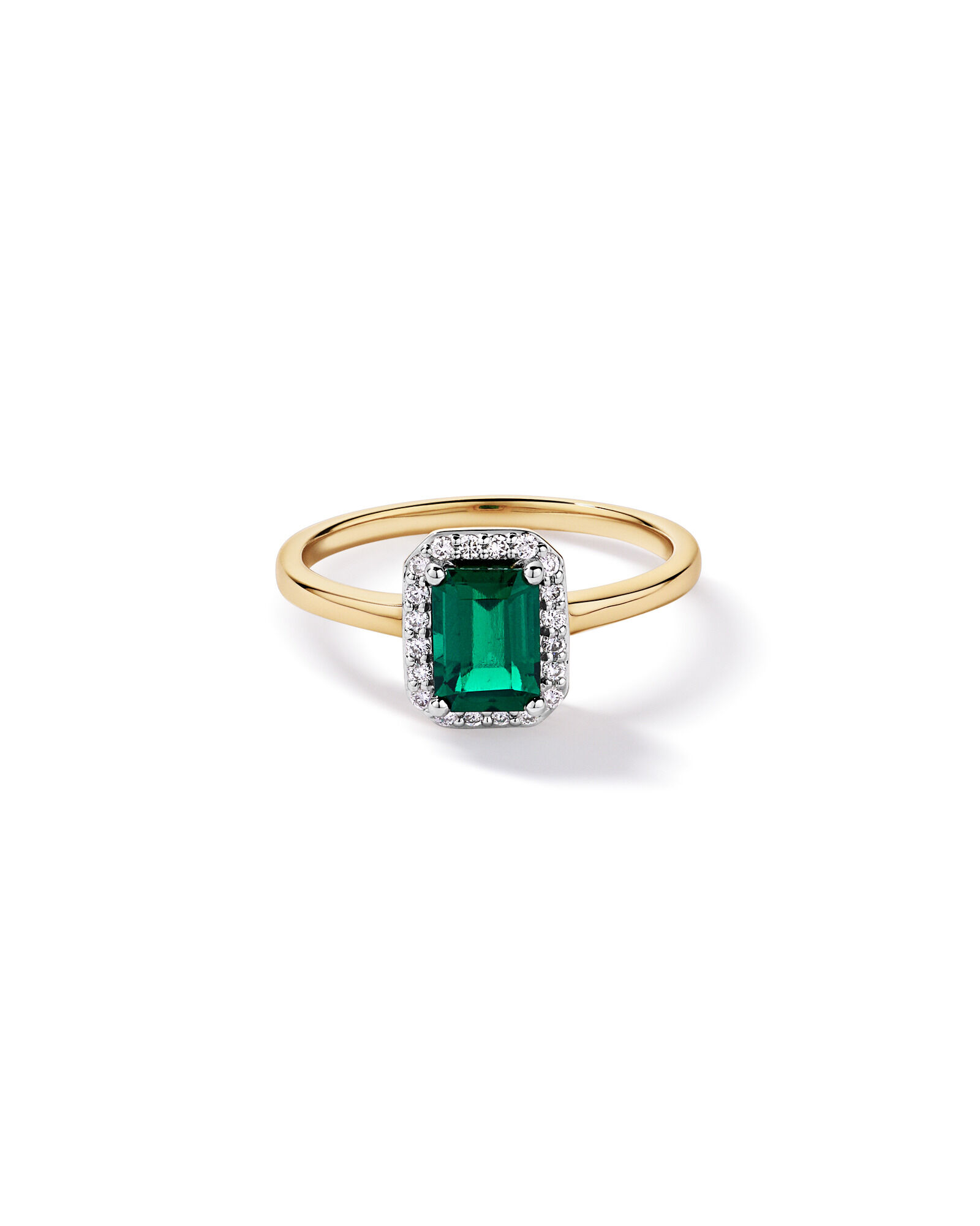 Cr&eacute;ation de la bague halo en diamant &eacute;meraude et 0,10 carat TW cultiv&eacute;e en laboratoire en or jaune 10 carats et Rhodium