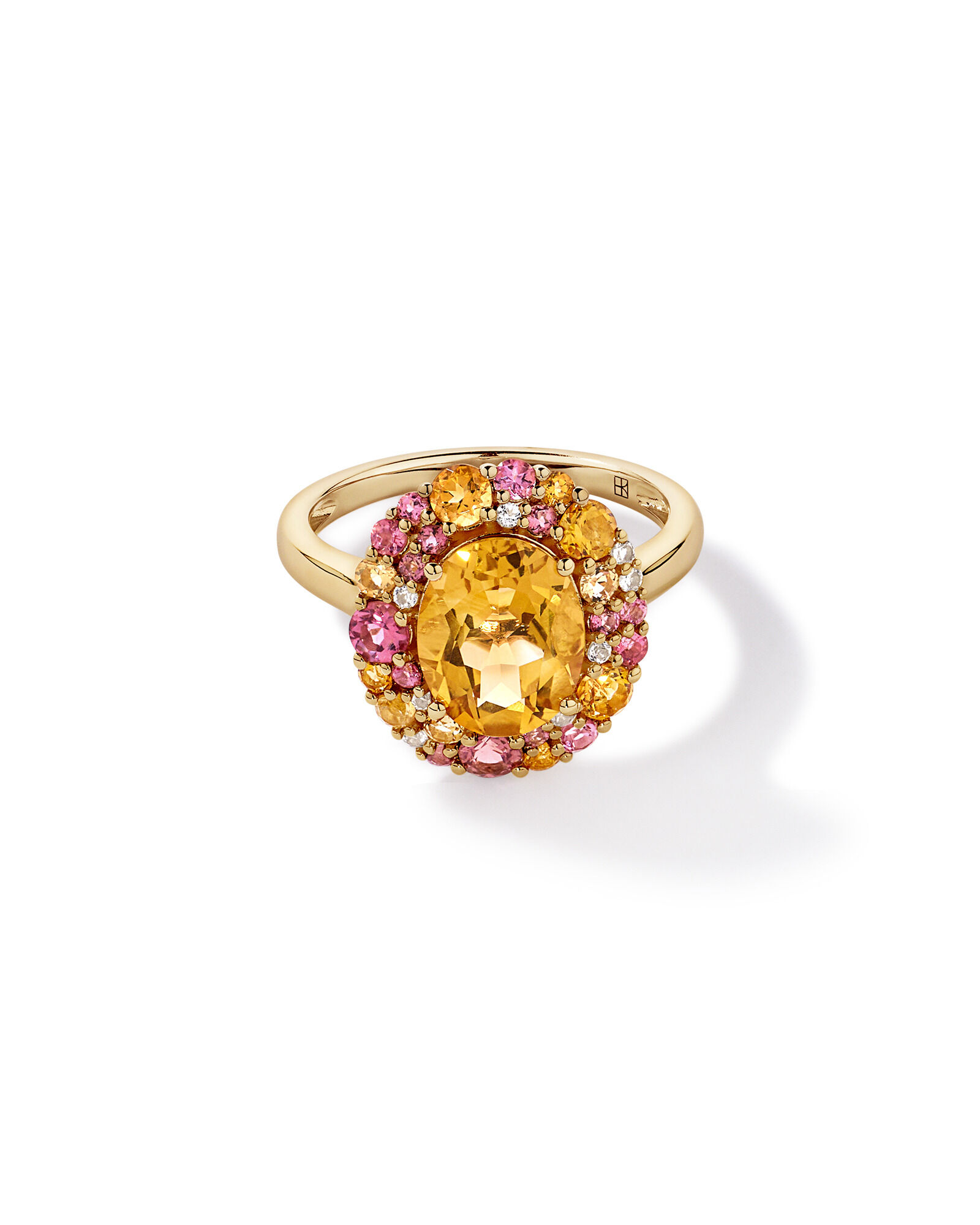 Anneau halo ovale en citrine, tourmaline rose et topaze blanche en or jaune 10 carats