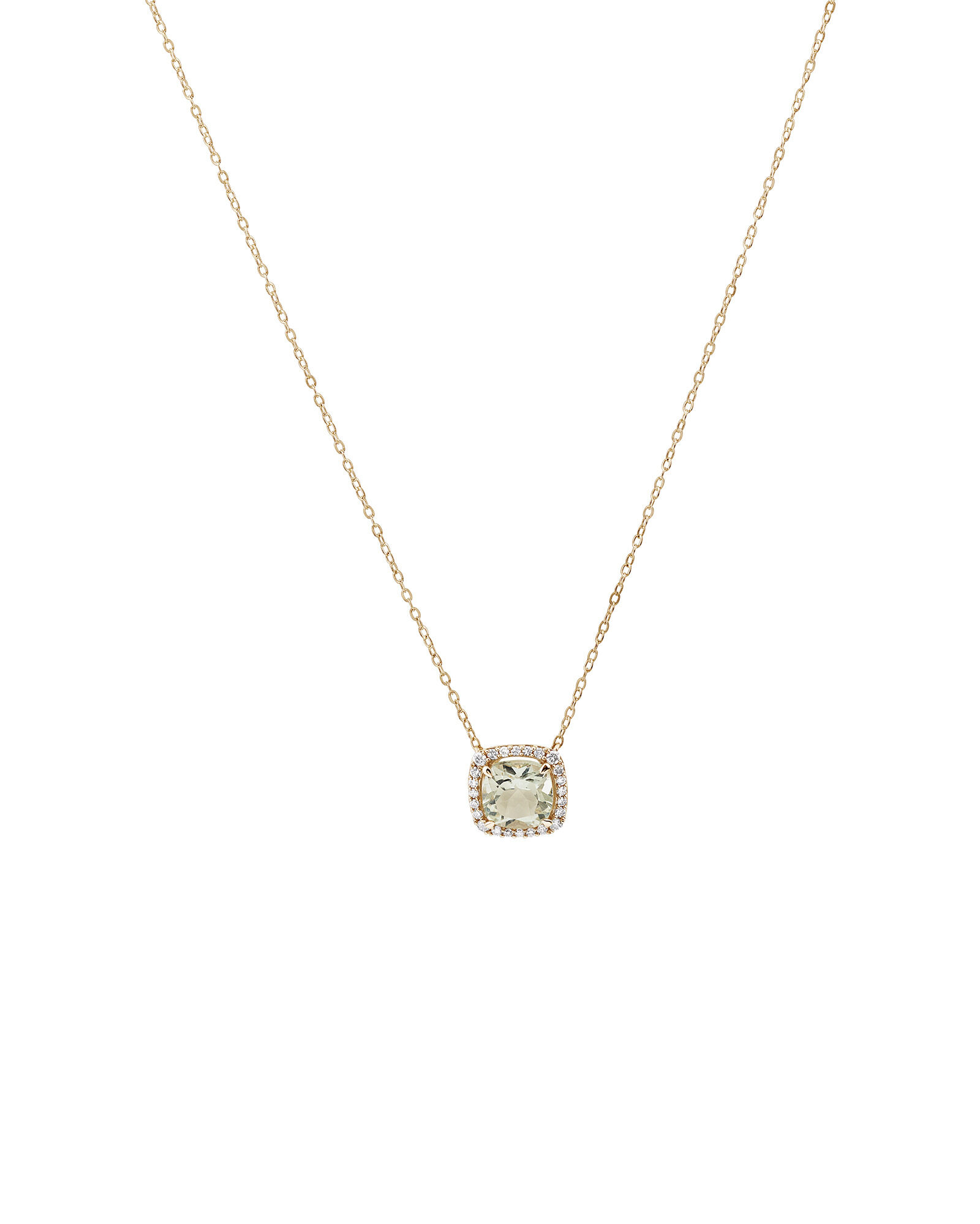 Halo Necklace with Green Amethyst & 0.15 Carat TW of Diamonds in 10kt Yellow Gold