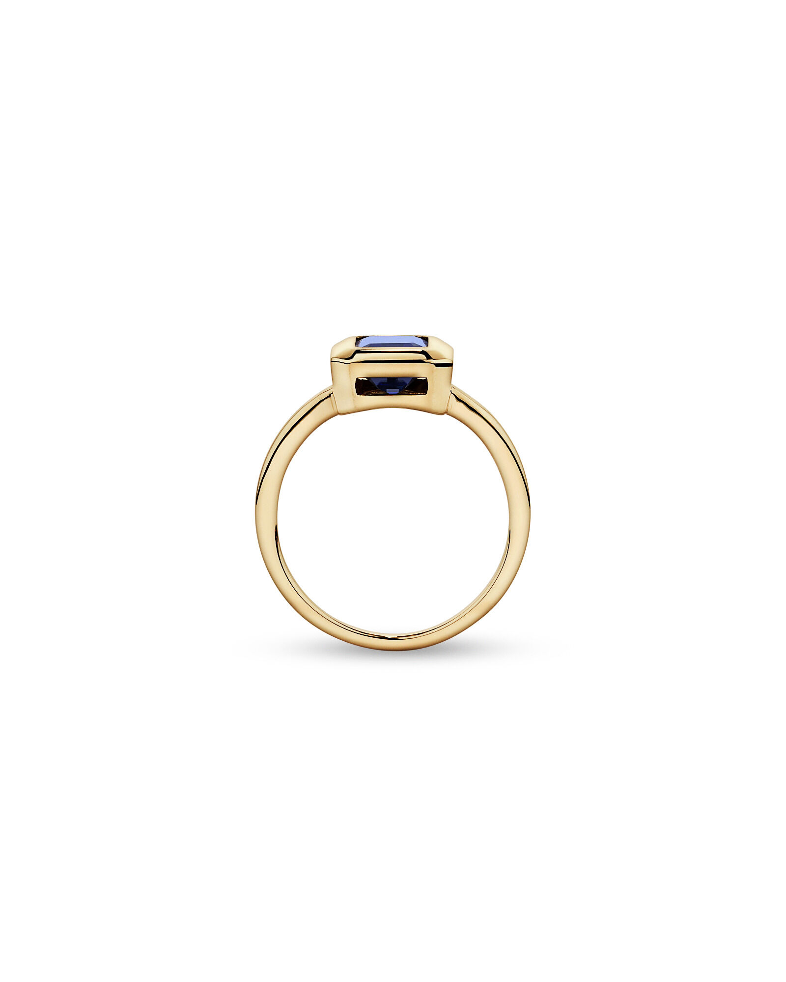 Emerald Cut Created Sapphire Bezel Ring in 10kt Yellow Gold