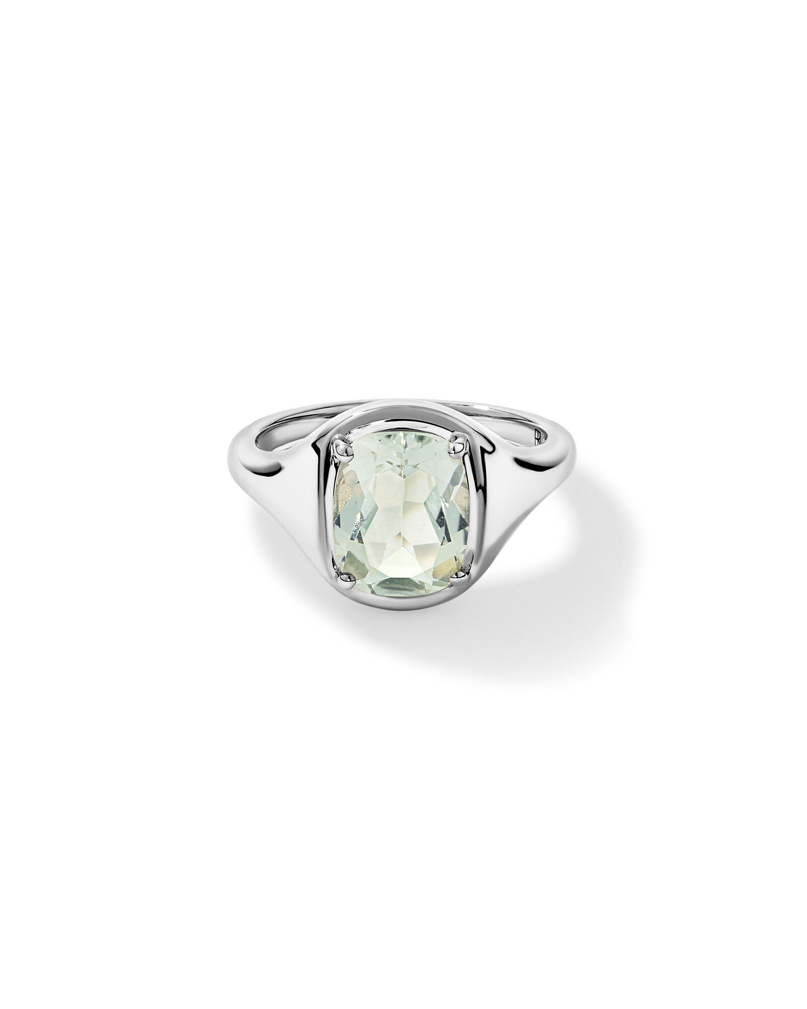 Bague en am&eacute;thyste verte allong&eacute;e coupe coussin en or blanc 10 carats