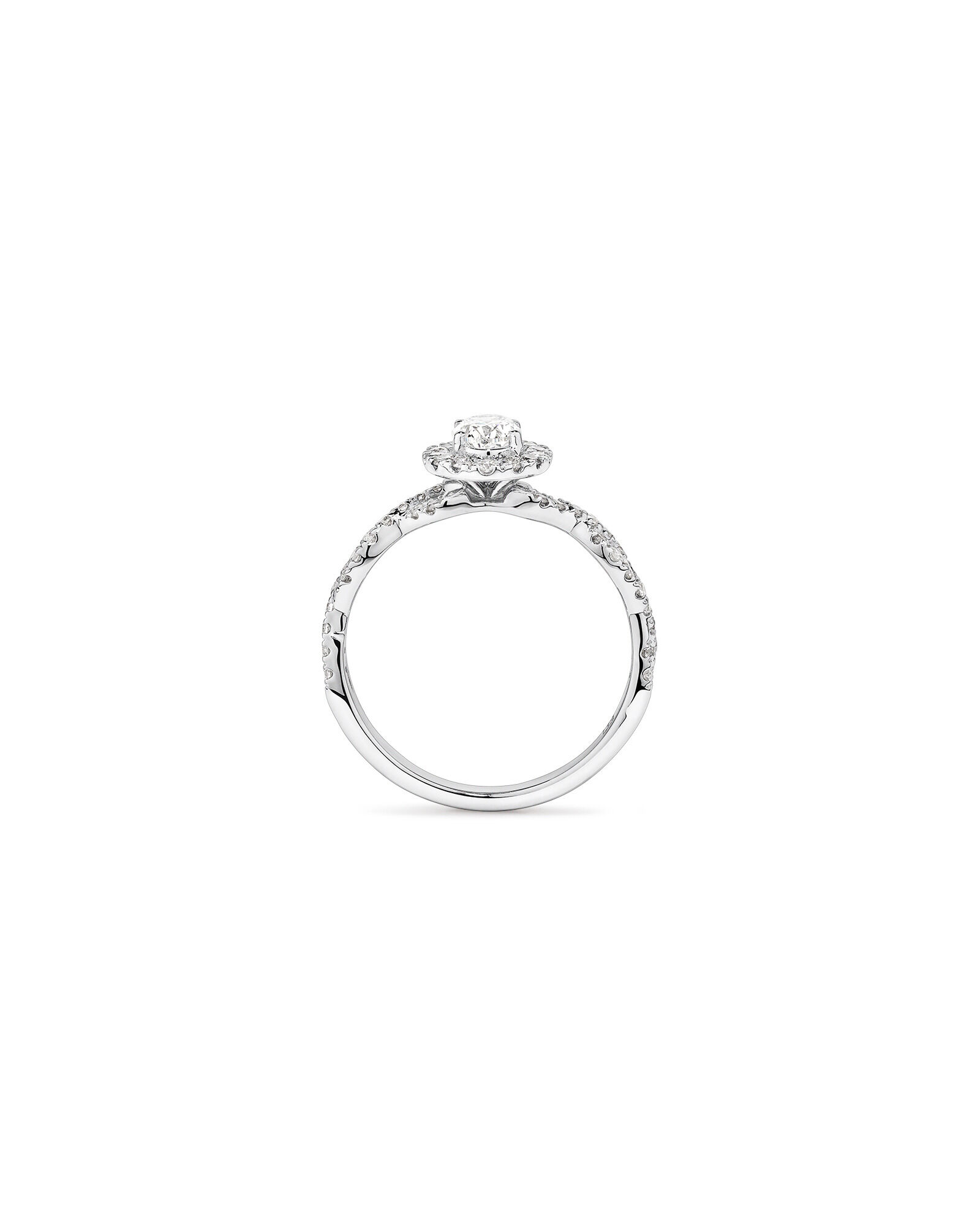 0.75 Carat TW Oval Cut Diamond Twist Side Accent Halo Engagement Ring in 14kt White Gold