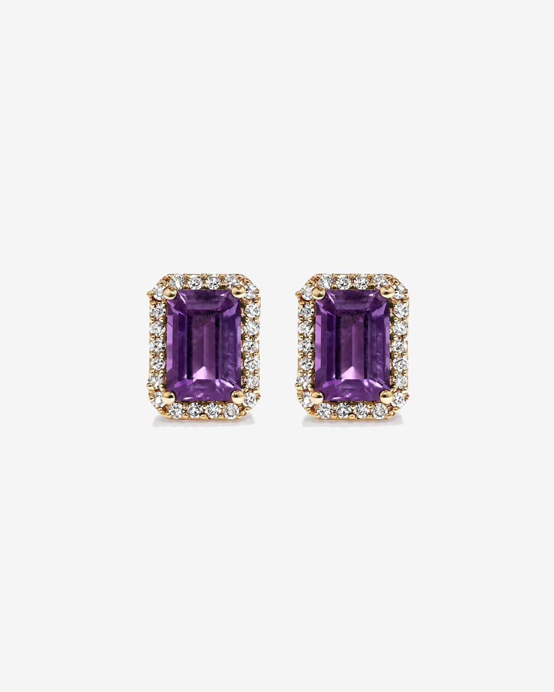 Boucles d'oreilles halo Am&eacute;thyste taille &eacute;meraude avec diamants en or jaune 10 ct