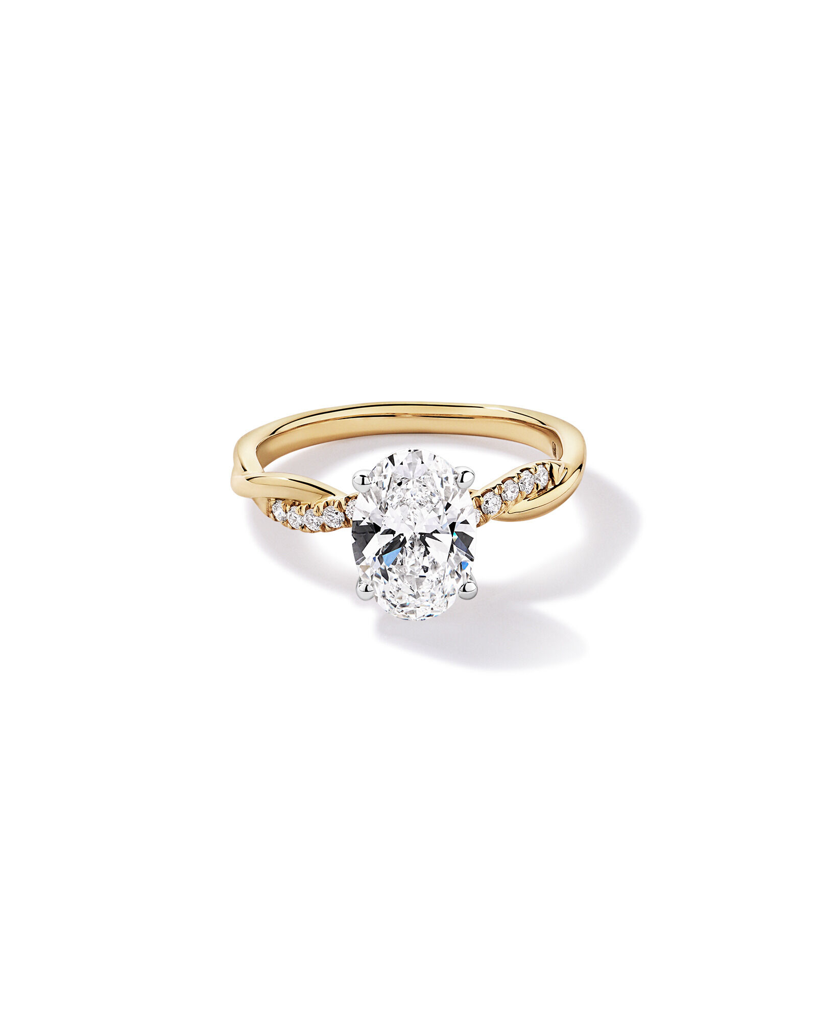 2.10TW Oval Laboratory-Grown Diamond Twist Engagement Ring in 14kt Yellow and White Gold