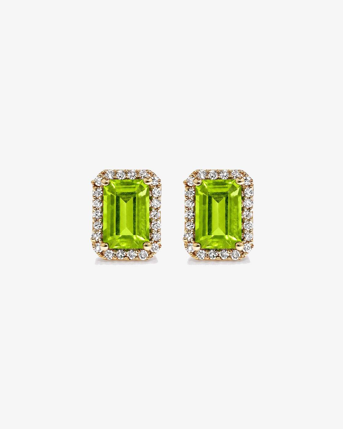 Boucles d'oreilles halo P&eacute;ridot taille &eacute;meraude avec diamants en or jaune 10 ct