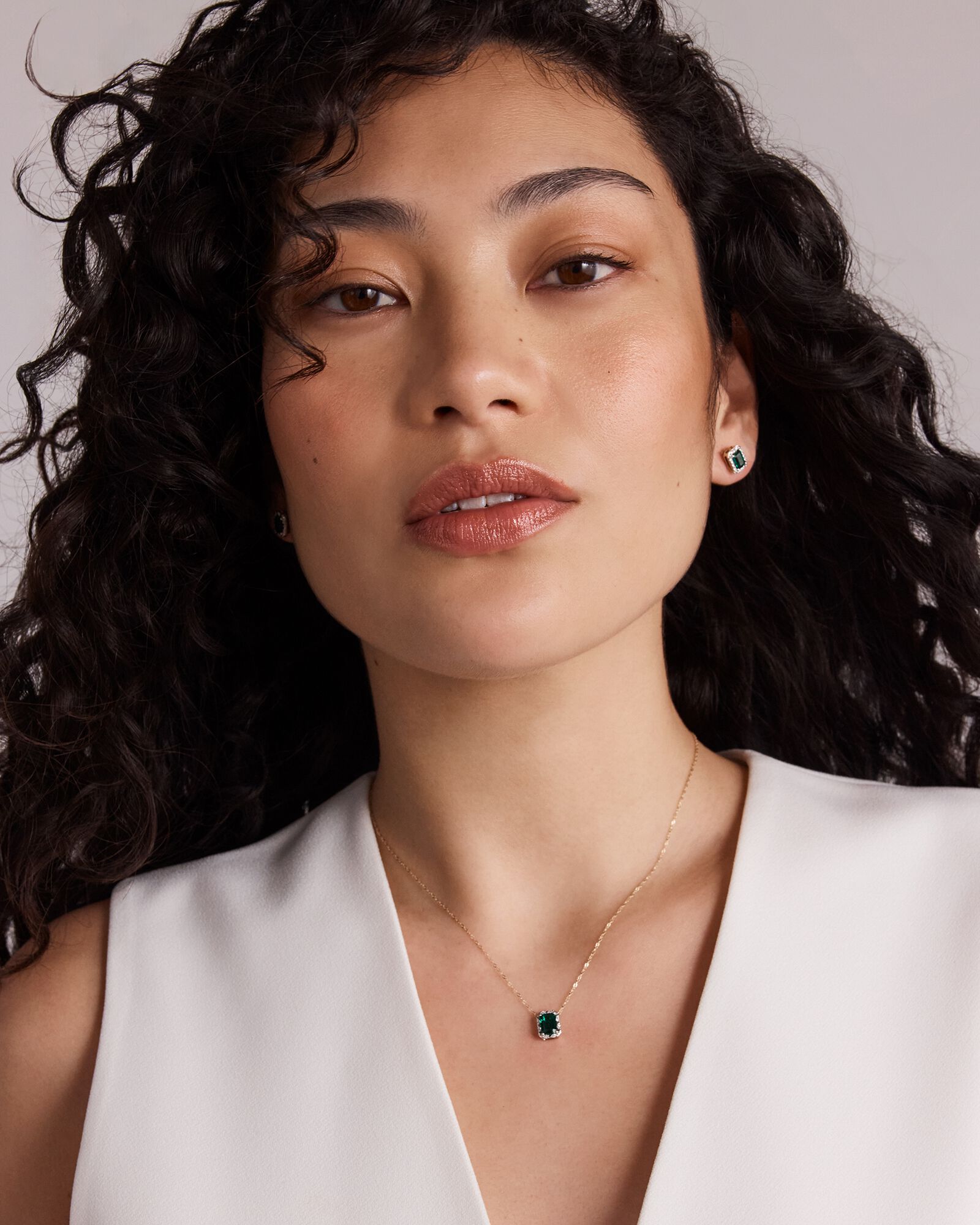 Emerald Cut Green Created Emerald and Lab-Grown Diamond Halo Stud Earrings and Pendant Necklace Set in 10kt Yellow Gold and Rhodium