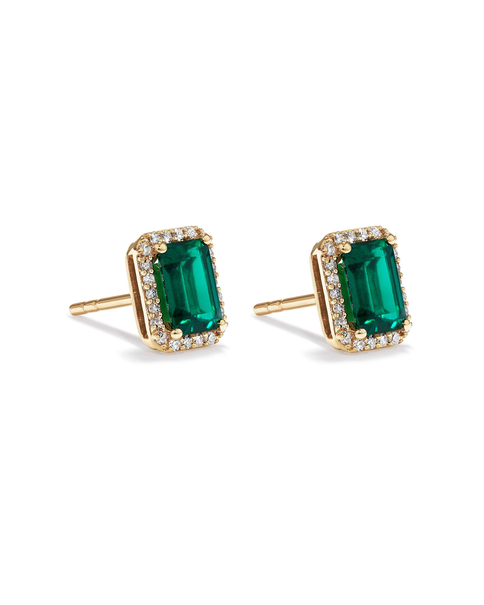 Emerald Cut Green Created Emerald Gemstone and Diamond Halo Earrings in 10kt Yellow Gold