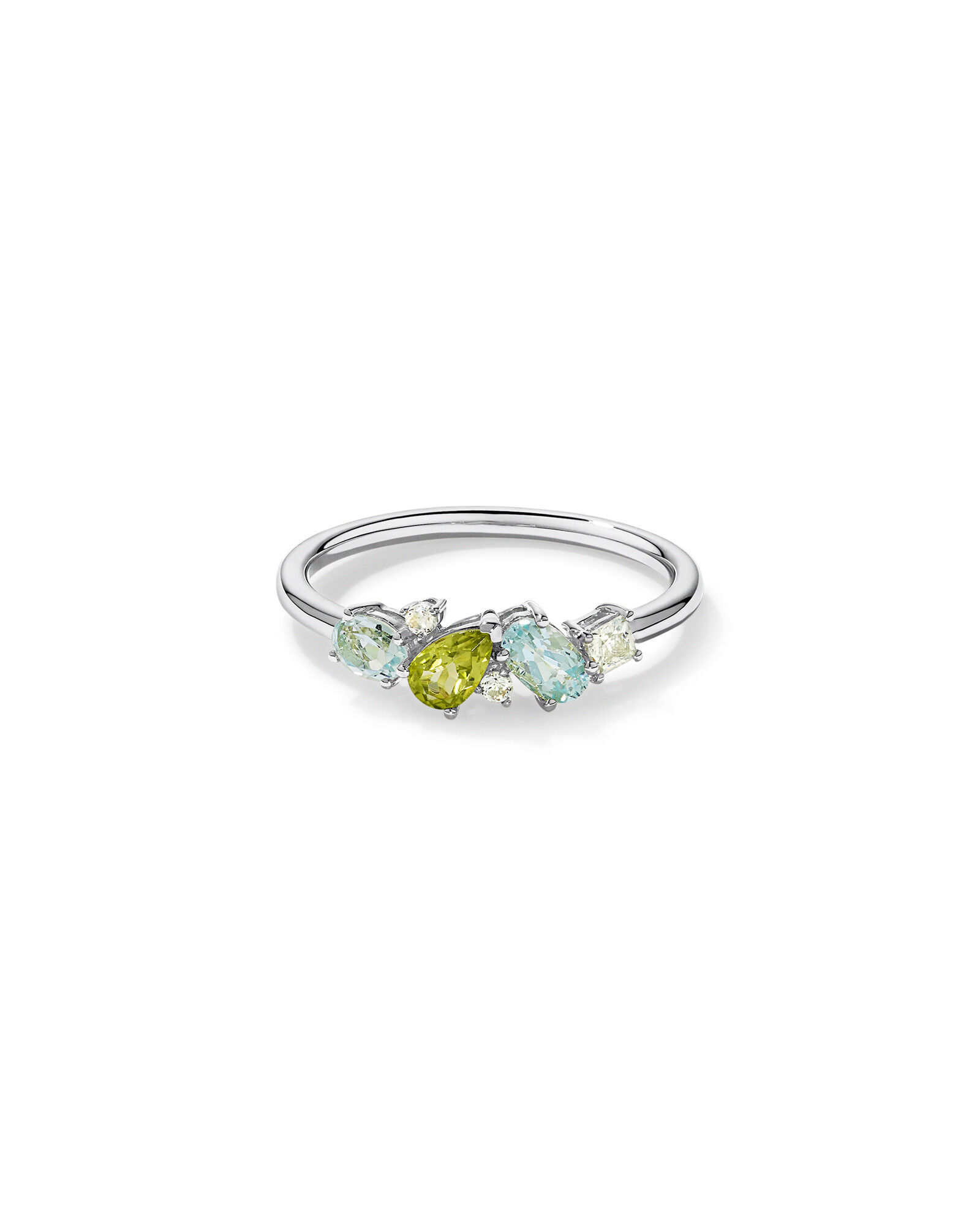 P&eacute;ridot, topaze bleu ciel, am&eacute;thyste verte et topaze blanche en or blanc 10 carats